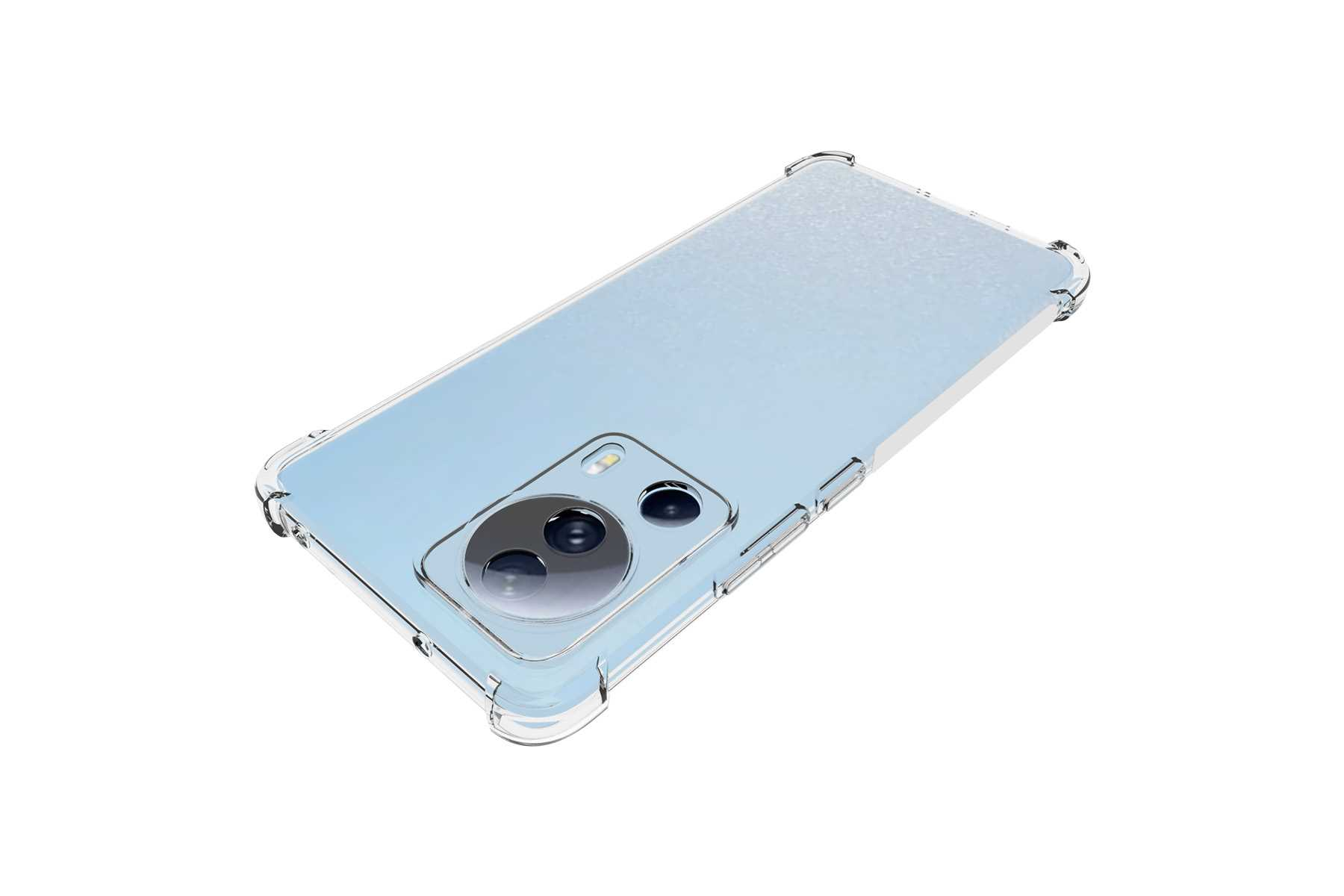 Eine transparente Handyhülle auf einem Telefon mit hellblauem Rücken, vor weißem Hintergrund.
