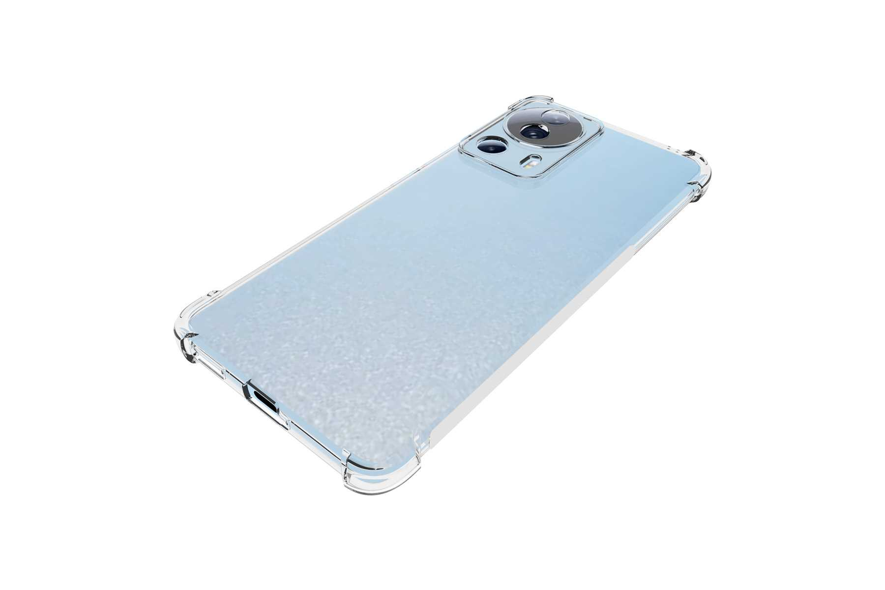 Transparente Handyhülle auf hellblauem Telefon, Rückseite, Kamera und Kanten sichtbar.