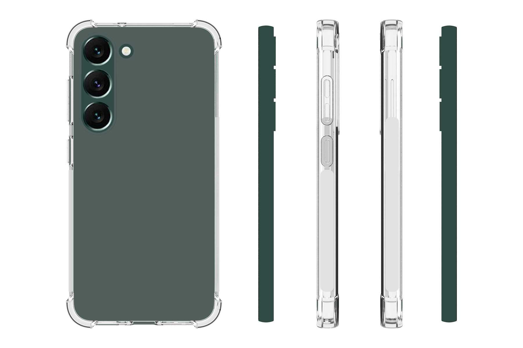Handyhülle mit Telefon, zeigt Vorder-, Rückseite und Seiten, transparent und grün.