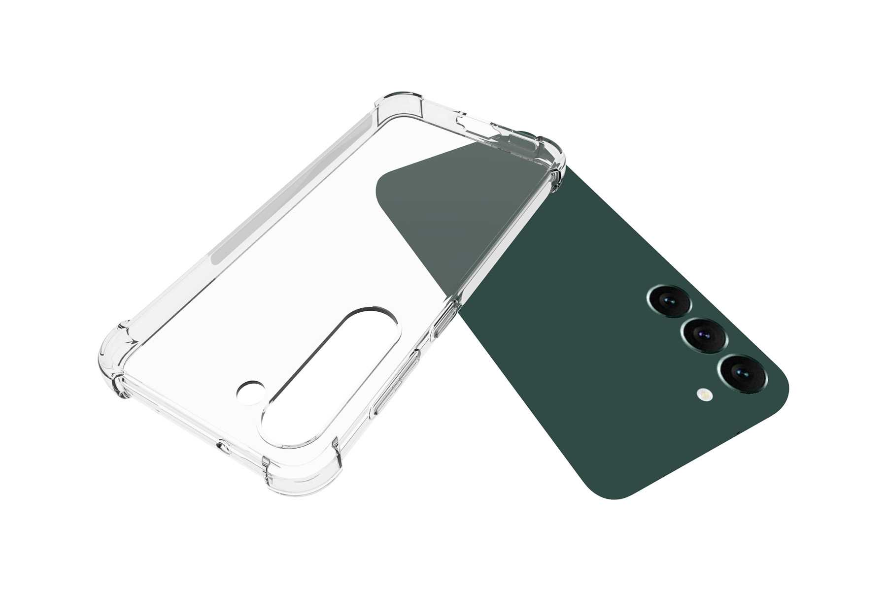 Eine transparente Handyhülle neben einem grünen Handy, Rückseite sichtbar.