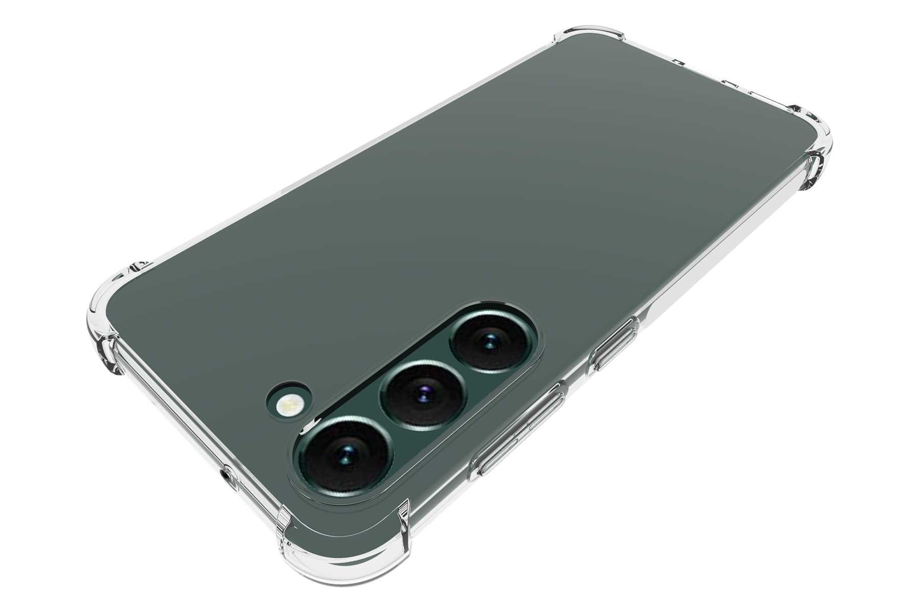 Ein Smartphone in einer transparenten Hülle. Das Telefon hat drei Kameralinsen.