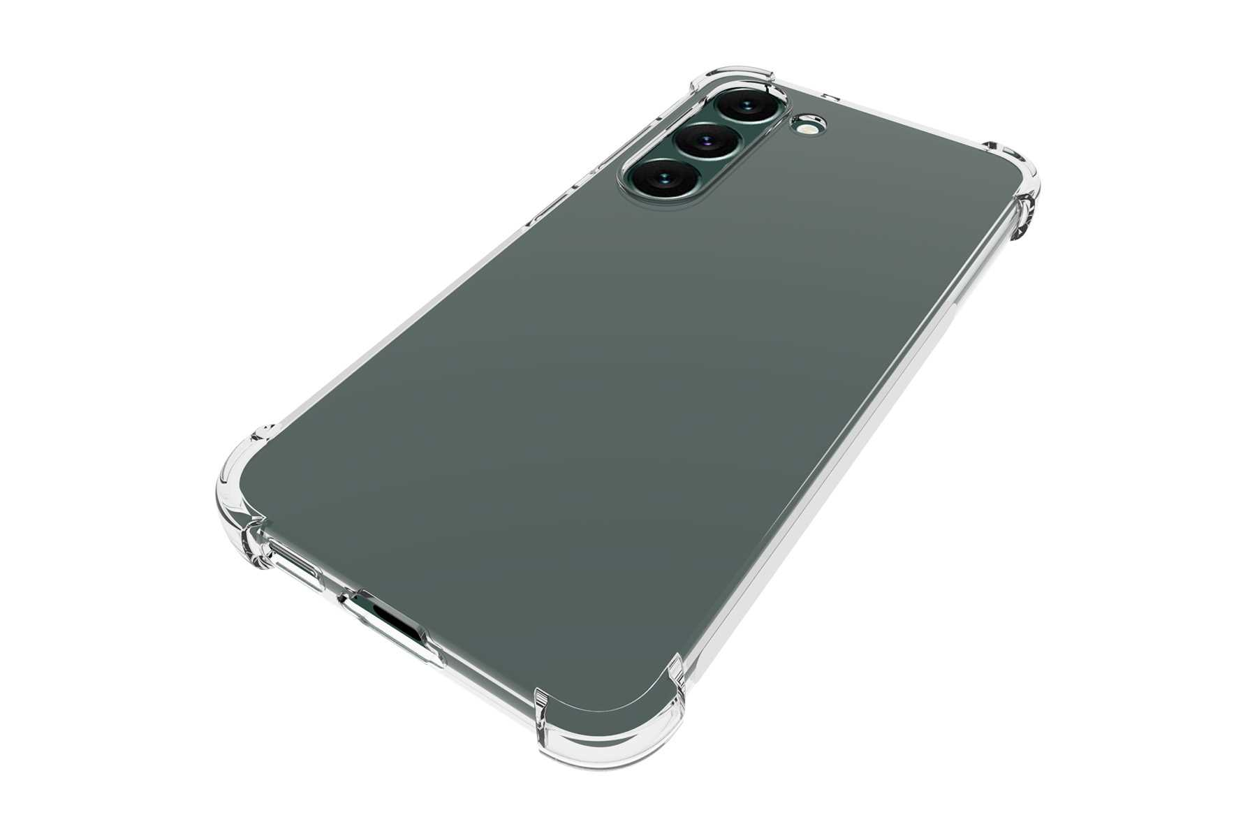 Eine transparente Handyhülle auf einem grünen Telefon, zeigt Kamera und transparenten Rand.