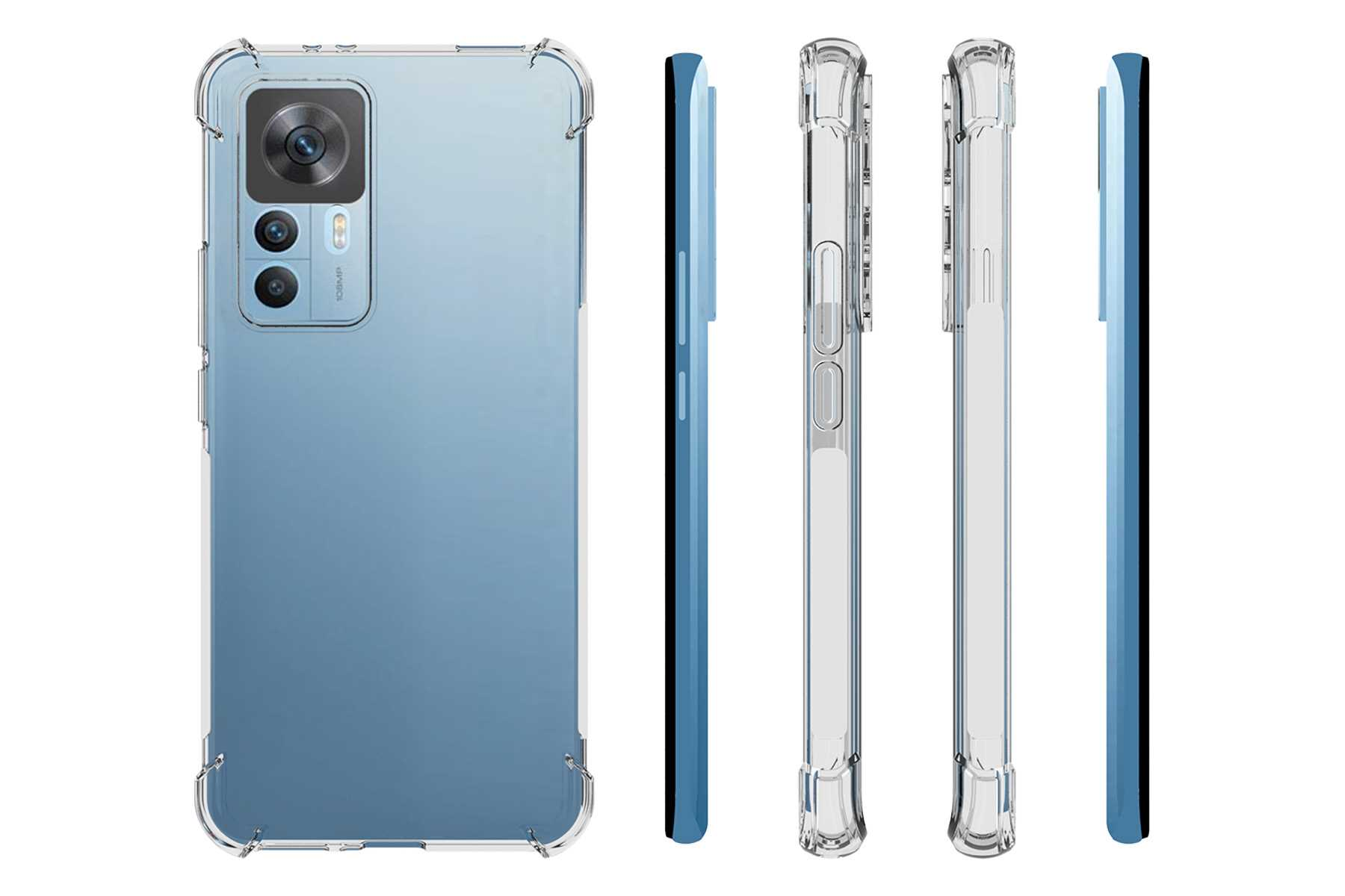 Ein Smartphone in einer transparenten Hülle. Die Hülle bedeckt die Rückseite und die Seiten. Das Telefon ist blau.