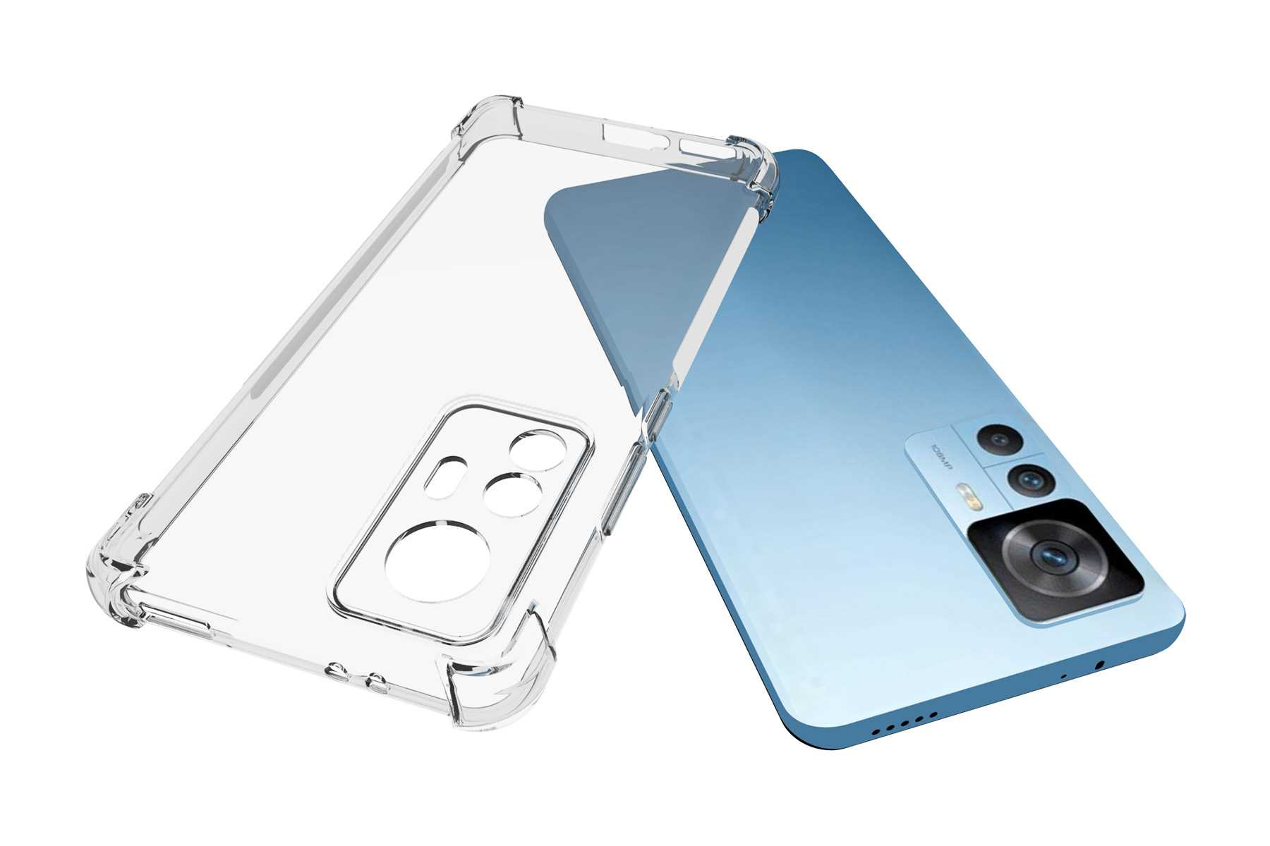 Transparente Handyhülle neben blauem Telefon, zeigt Kamera und Design.