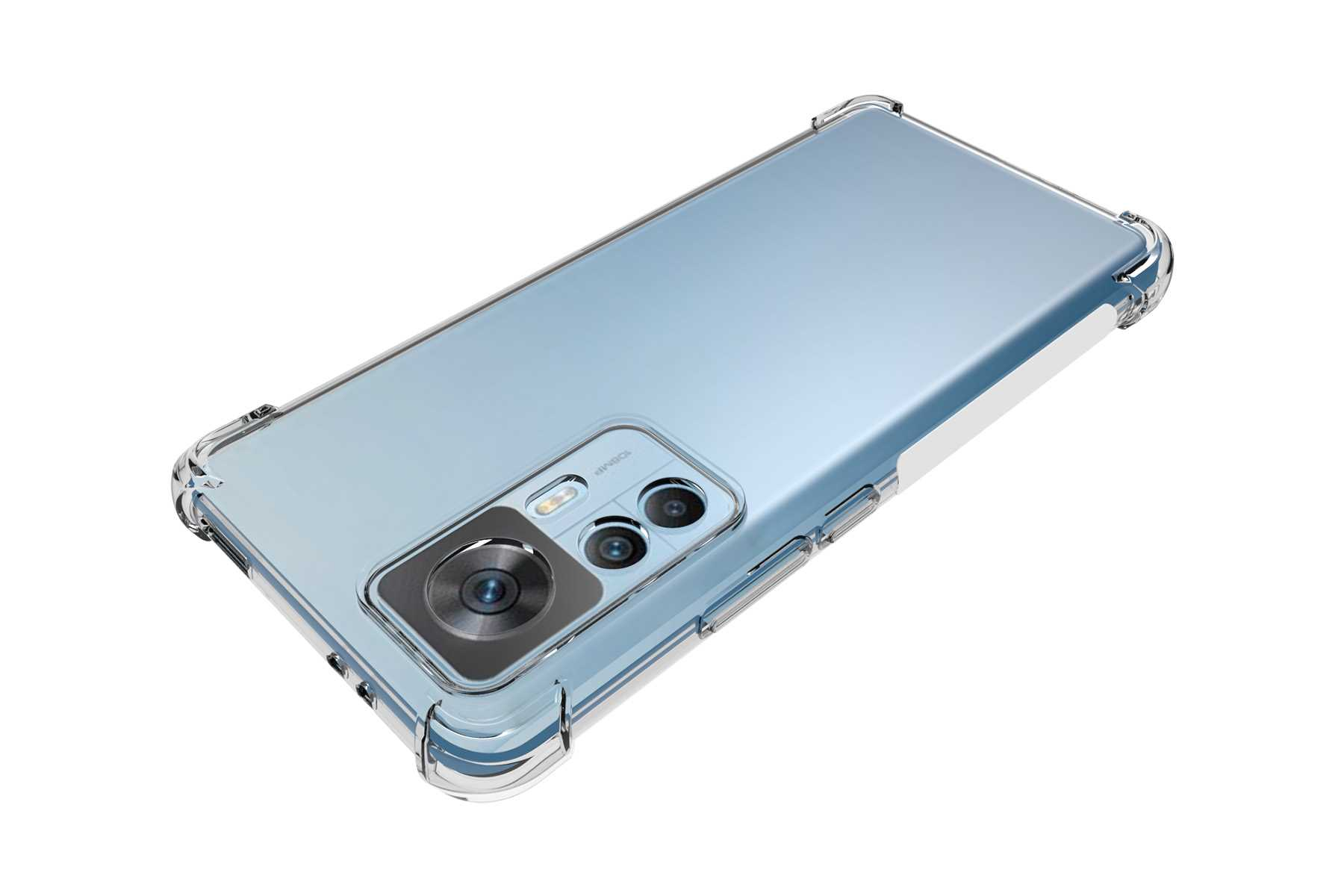 Transparente Handyhülle auf einem Telefon. Das Telefon ist blau. Die Hülle hat Schutzecken.