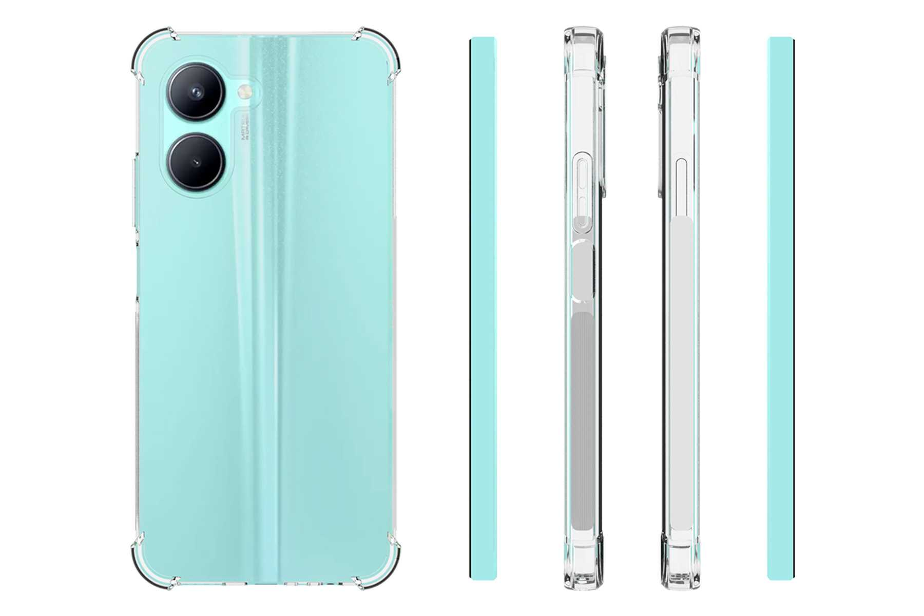 Ein türkisfarbenes Smartphone in einer transparenten Schutzhülle, zeigt die Rückseite und Seiten.