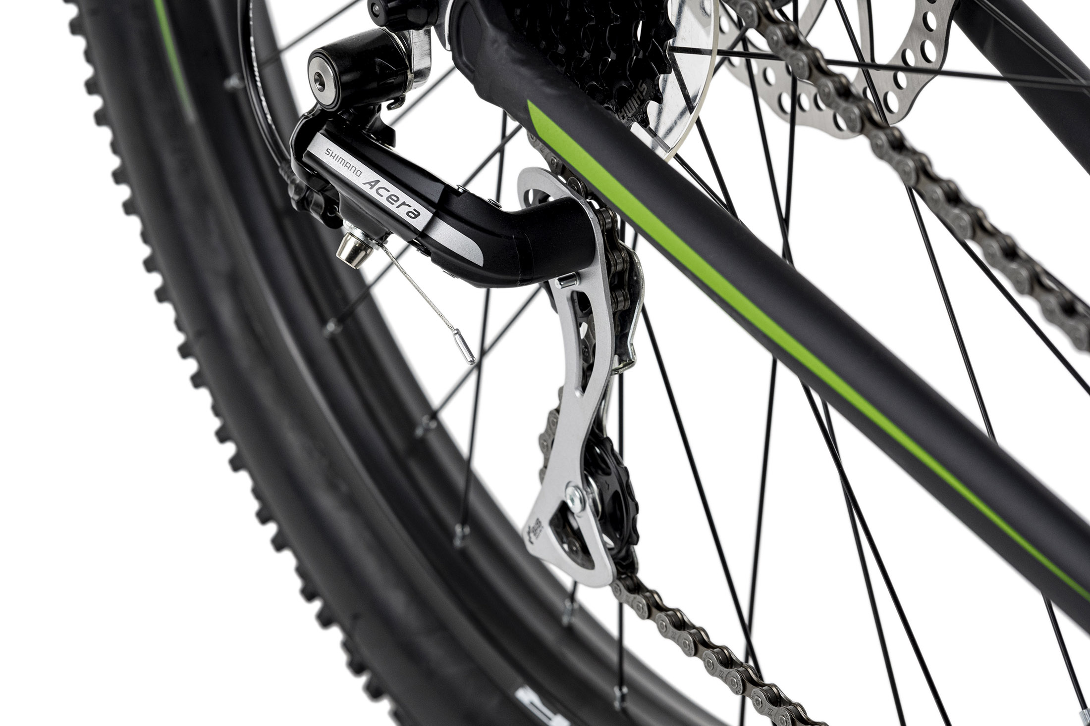 Nahaufnahme des Fahrradschaltwerks, der Kette und des Getriebesystems mit grünen Akzenten.