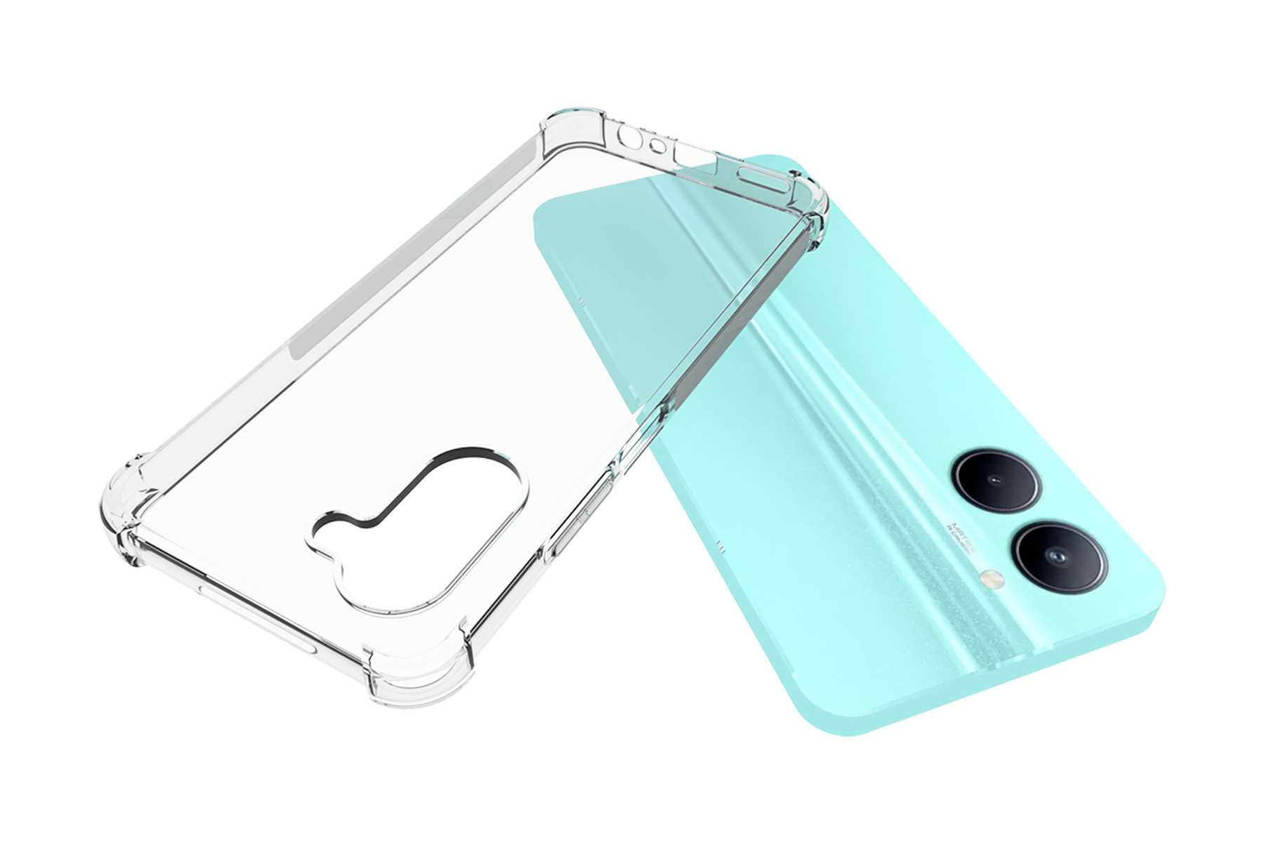Transparente Handyhülle über einem türkisfarbenen Telefon auf weißem Hintergrund.