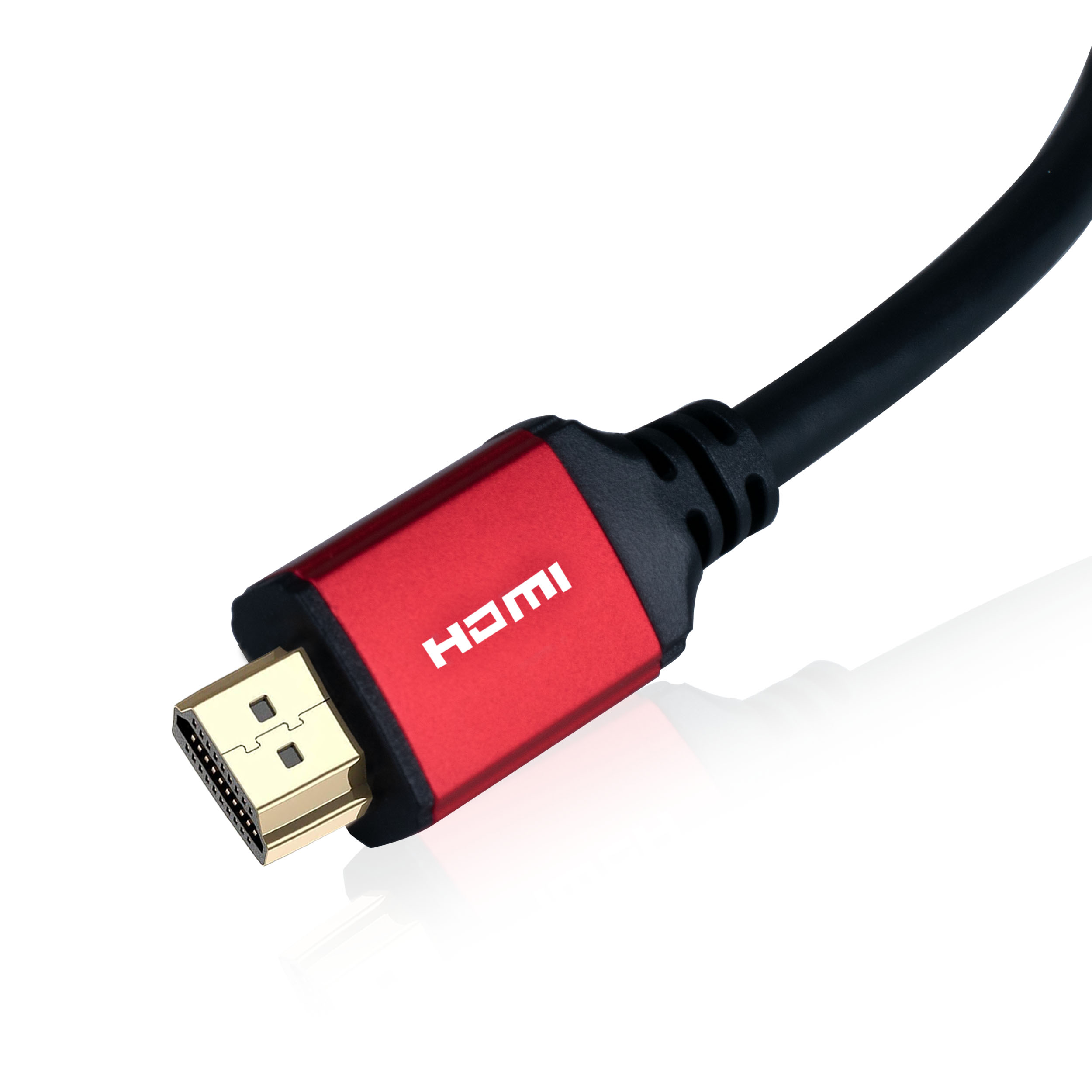 Nahaufnahme eines roten HDMI-Kabelanschlusses mit goldfarbenen Stiften, verbunden mit einem schwarzen Kabel.