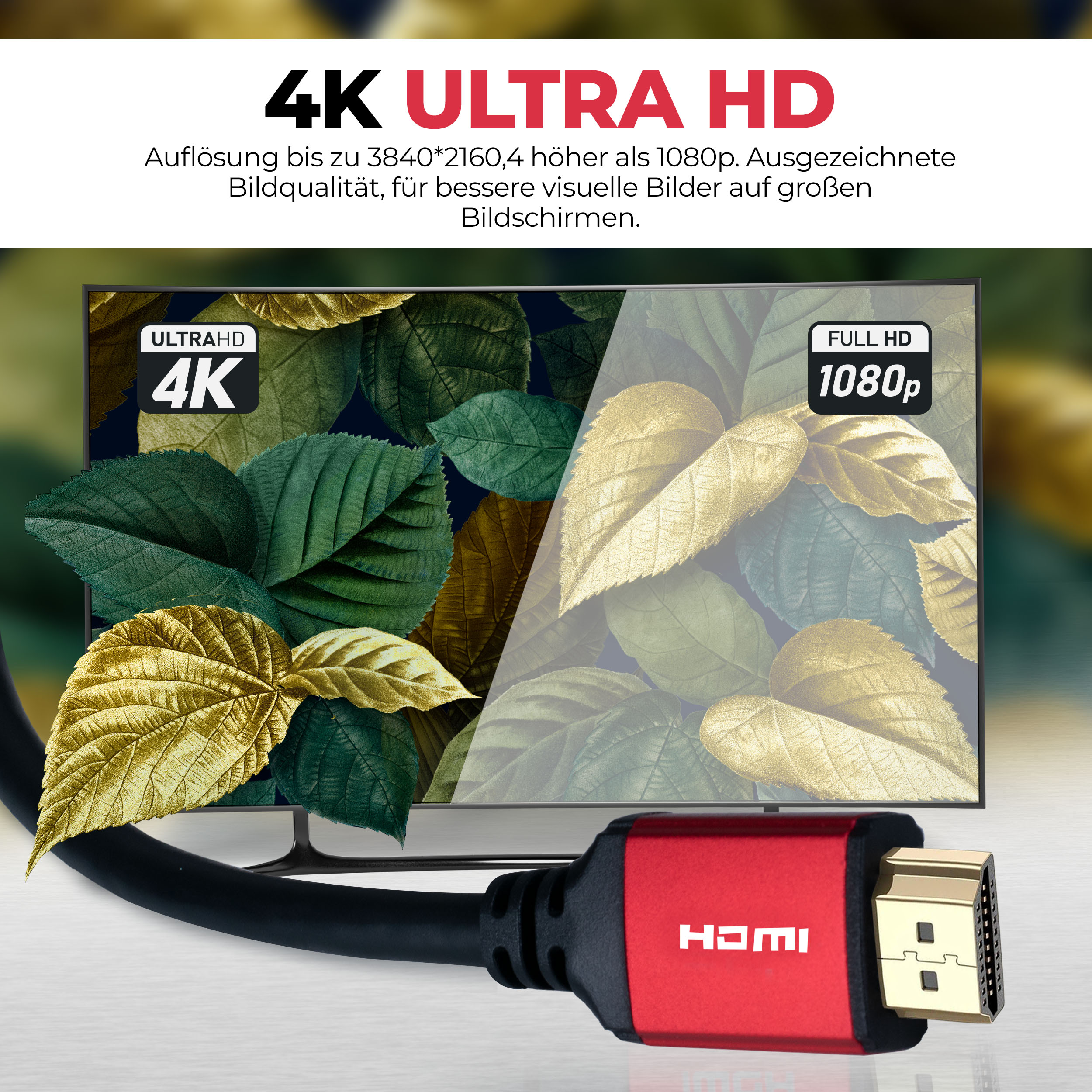 HDMI-Kabel mit rotem Stecker neben einem Fernsehbildschirm mit goldenen und grünen Blättern.