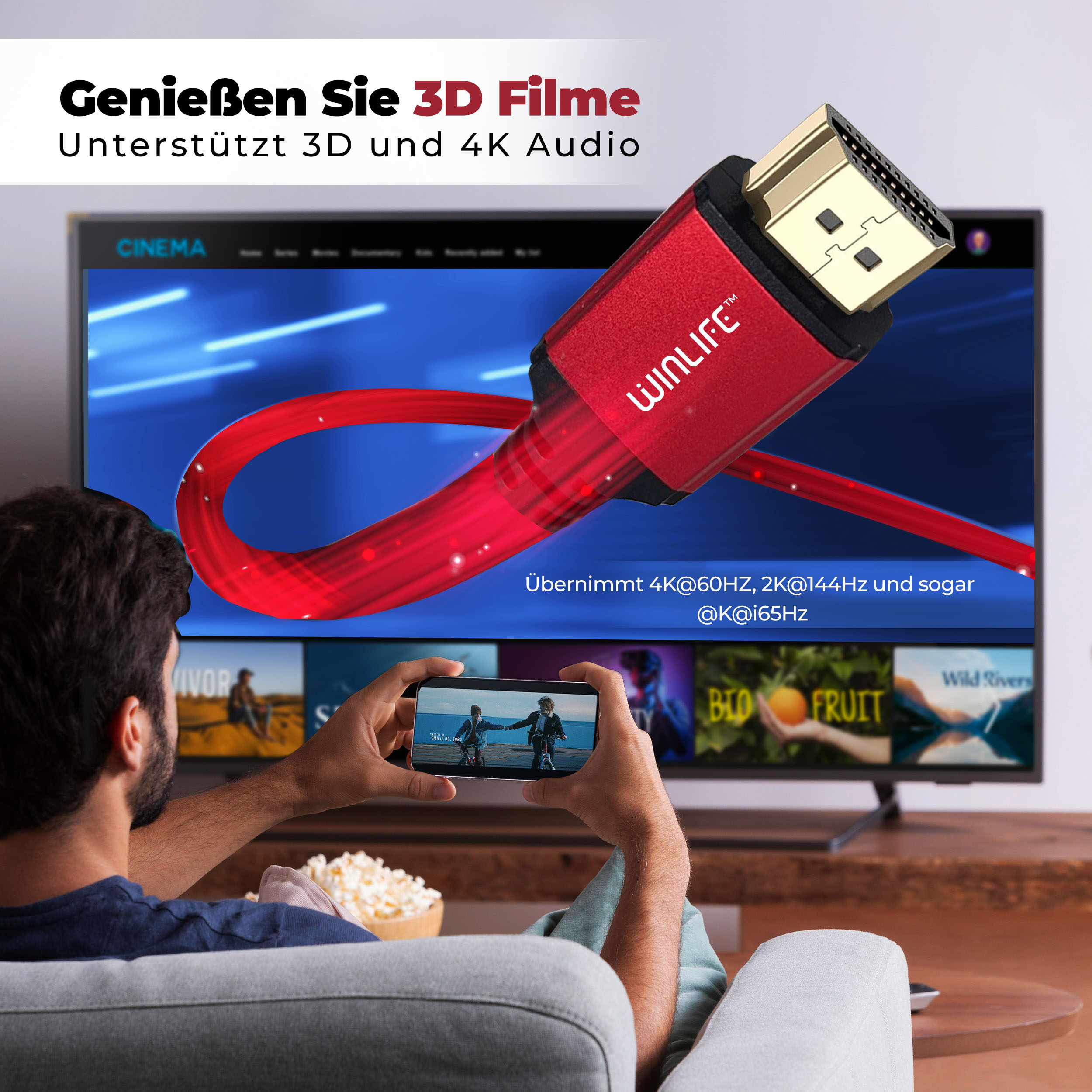 Eine Person, die ein Telefon hält und einen Film anschaut, mit einem roten HDMI-Kabel und einem Fernseher.