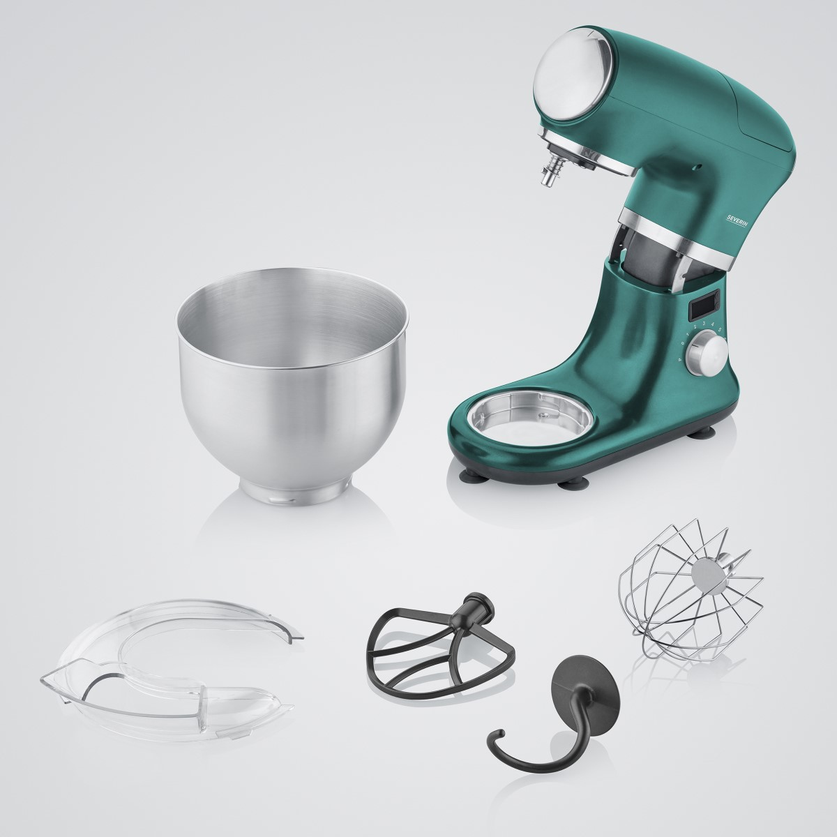 Batidora de cocina con cuenco y varios accesorios, color turquesa. Los accesorios incluyen batidor y gancho.
