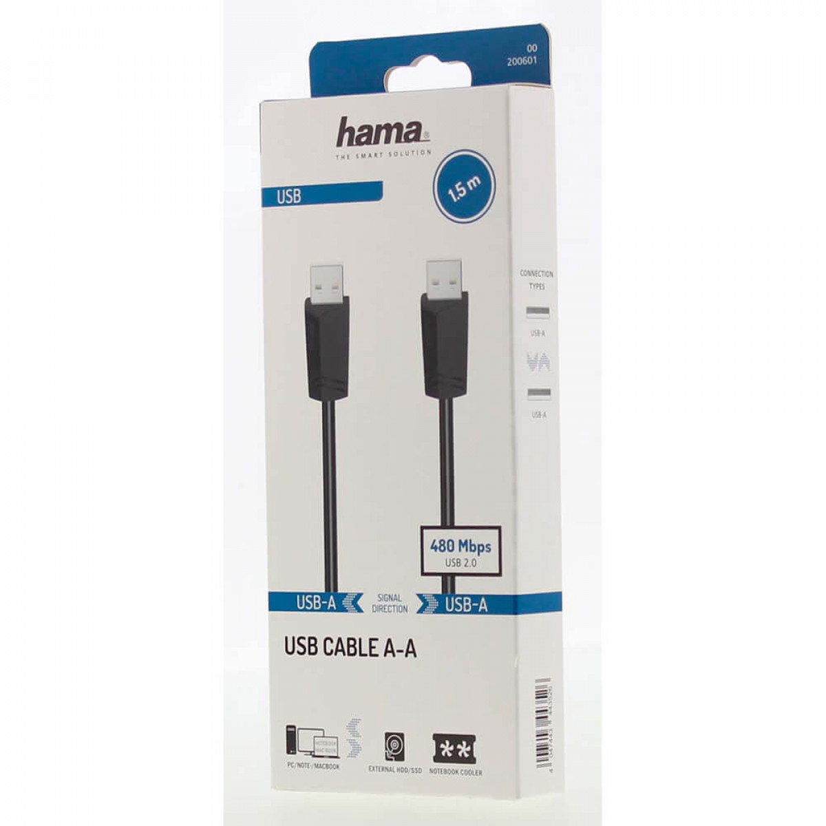 Scatola cavo USB, bianco e nero con illustrazione del cavo da USB-A a USB-A.