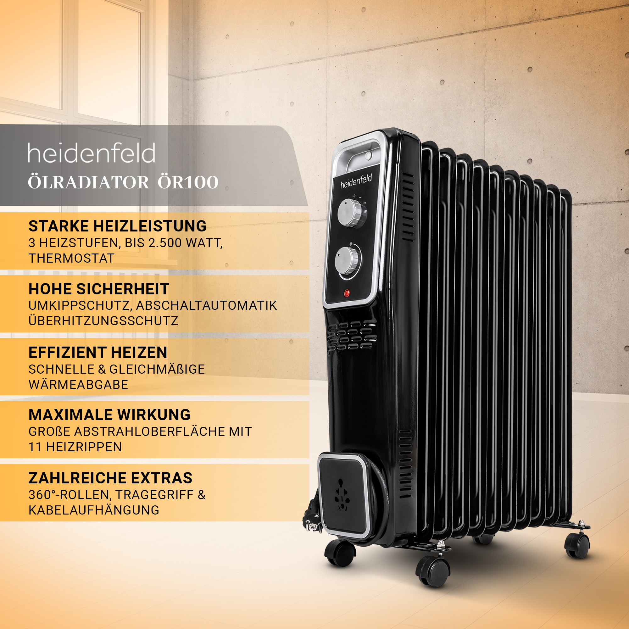 HEIDENFELD Heidenfeld Ölradiator ÖR100, Thermostat, stufenweise Watt) (2500 Watt, 1000-2500 Regulierung Ölradiator