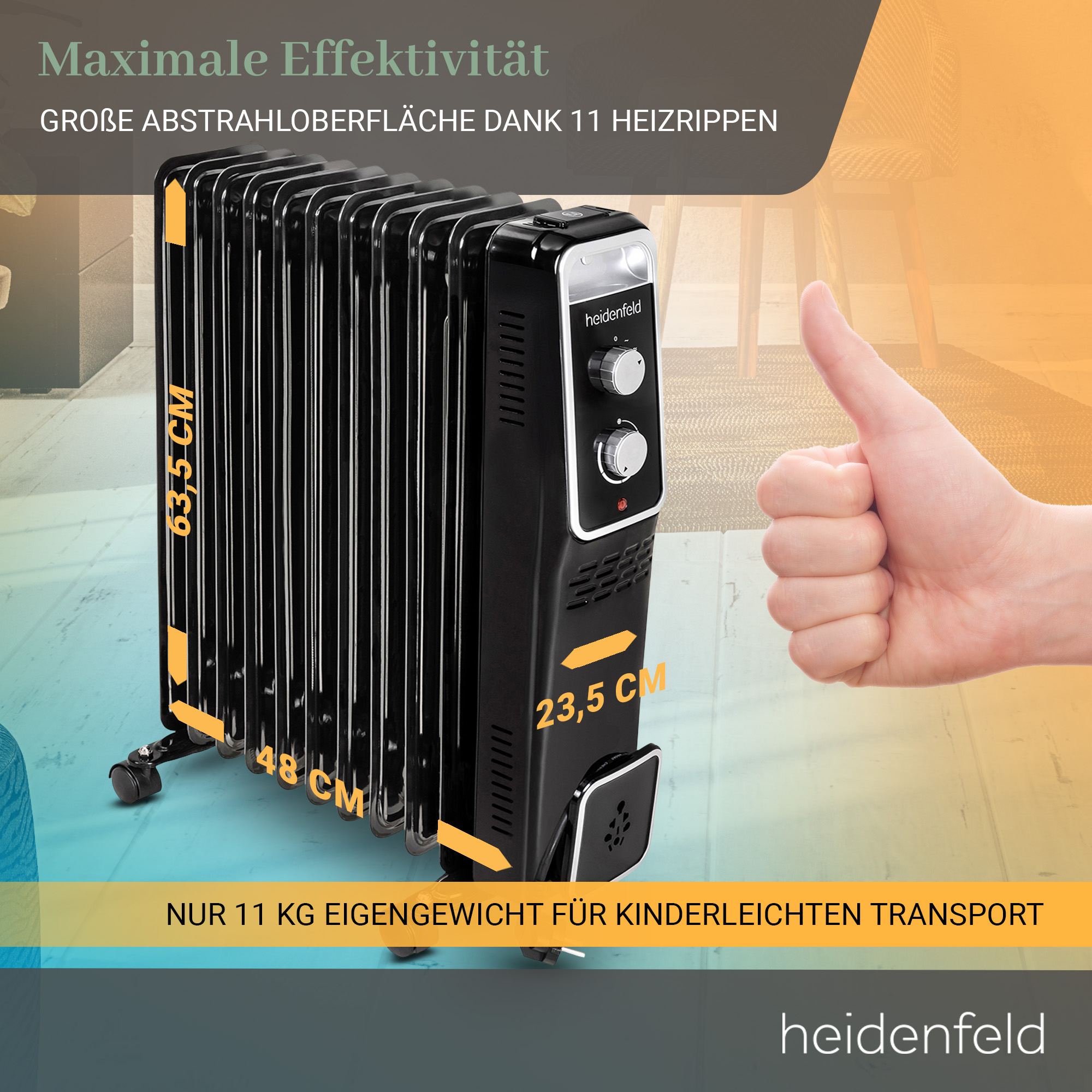 ÖR100, stufenweise Heidenfeld Thermostat, HEIDENFELD Regulierung Ölradiator 1000-2500 Watt, (2500 Watt) Ölradiator