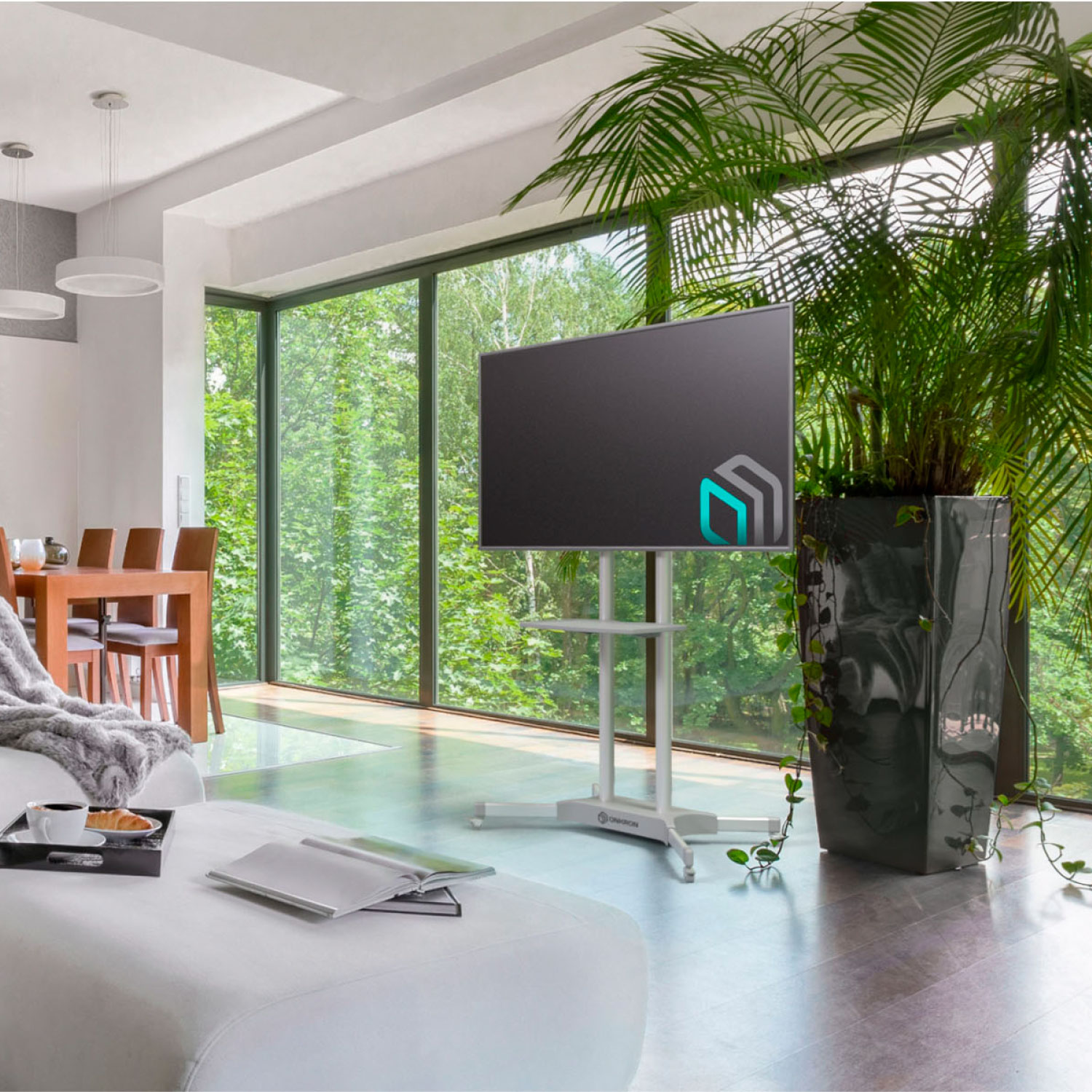 Wohnzimmer mit TV auf Ständer, Fenster, Pflanzen und weißem Sofa mit Tablett.