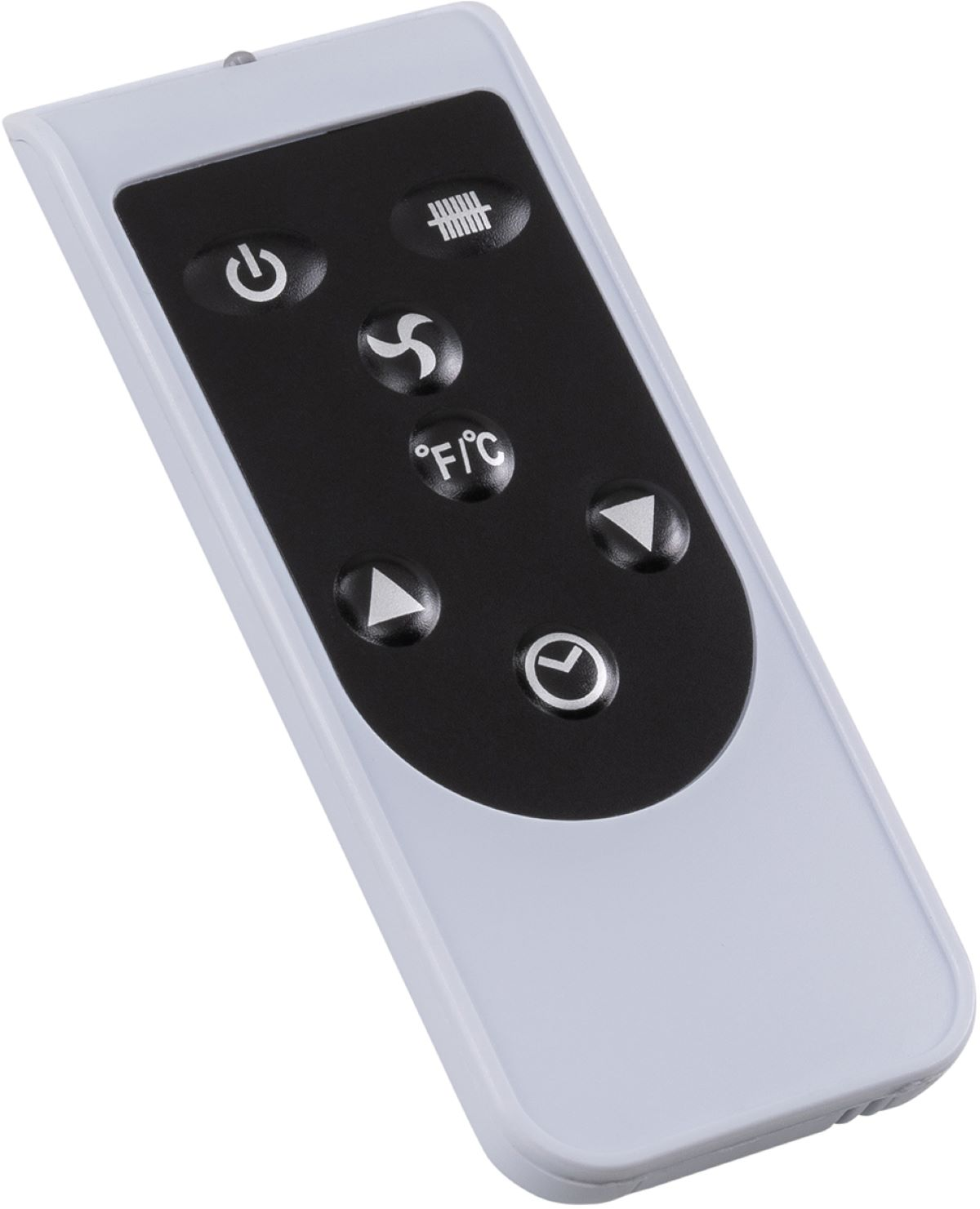Weiße Fernbedienung mit schwarzen Knöpfen. Power-, Lüfter-, Temperatur-, Auf/Ab- und Timer-Tasten.