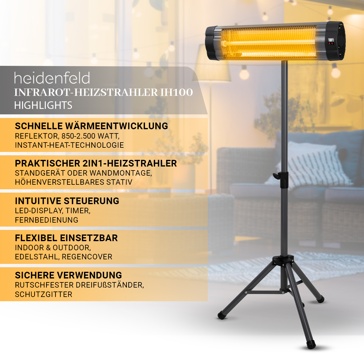 Ein Infrarot-Heizstrahler auf einem Ständer, mit Text, der seine Funktionen beschreibt.