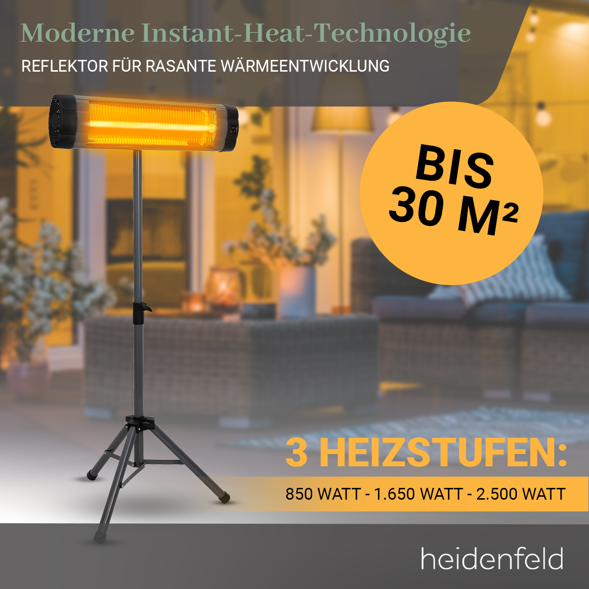 Ein schwarzer und grauer Außenheizstrahler auf einem Stativ. Text lautet: "BIS 30 M2" und "3 HEIZSTUFEN".