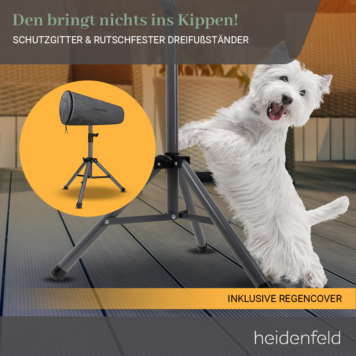 Ein kleiner Hund steht in der Nähe eines Stativs mit Abdeckung. Der Text lautet: