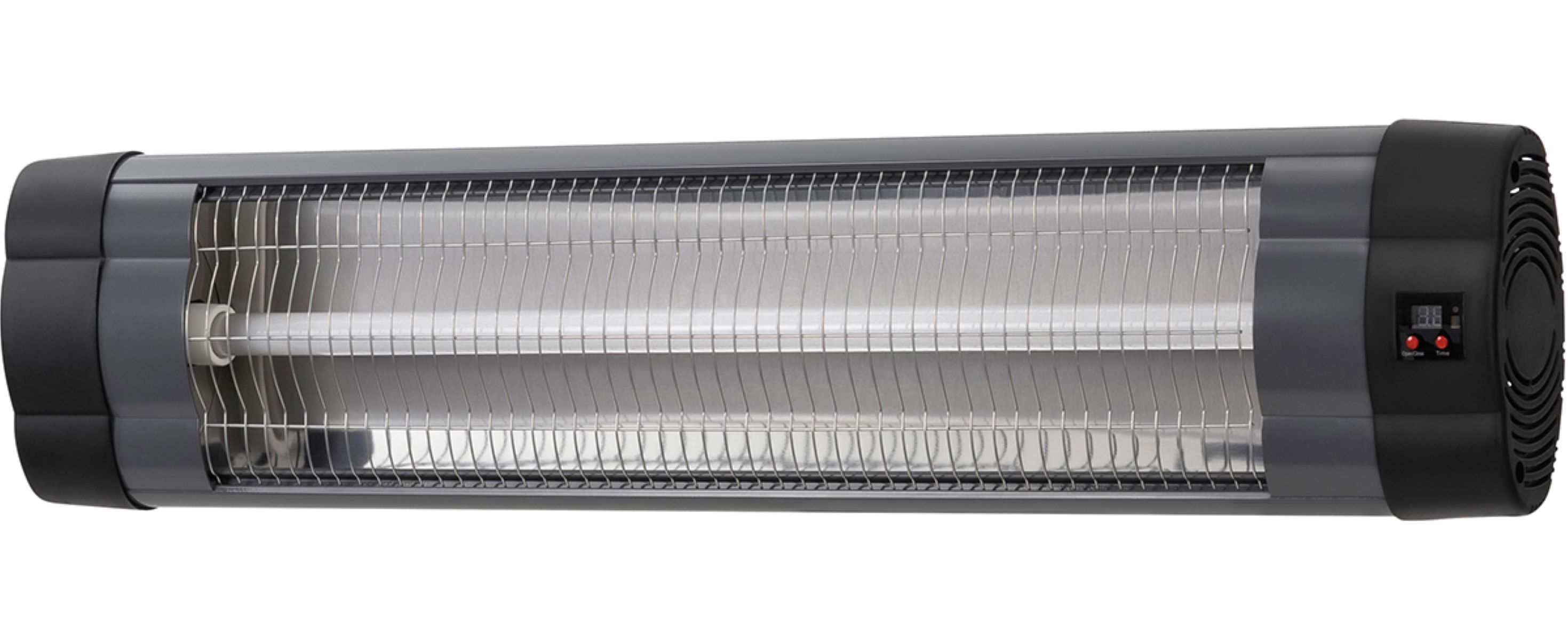 Langer, dunkelgrauer Elektroheizer mit Metallgitter und Digitalanzeige.