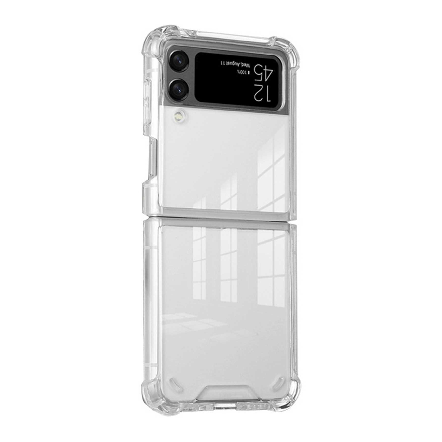 Ein weißes, zusammenklappbares Telefon mit durchsichtiger Hülle. Die Uhrzeit wird angezeigt.