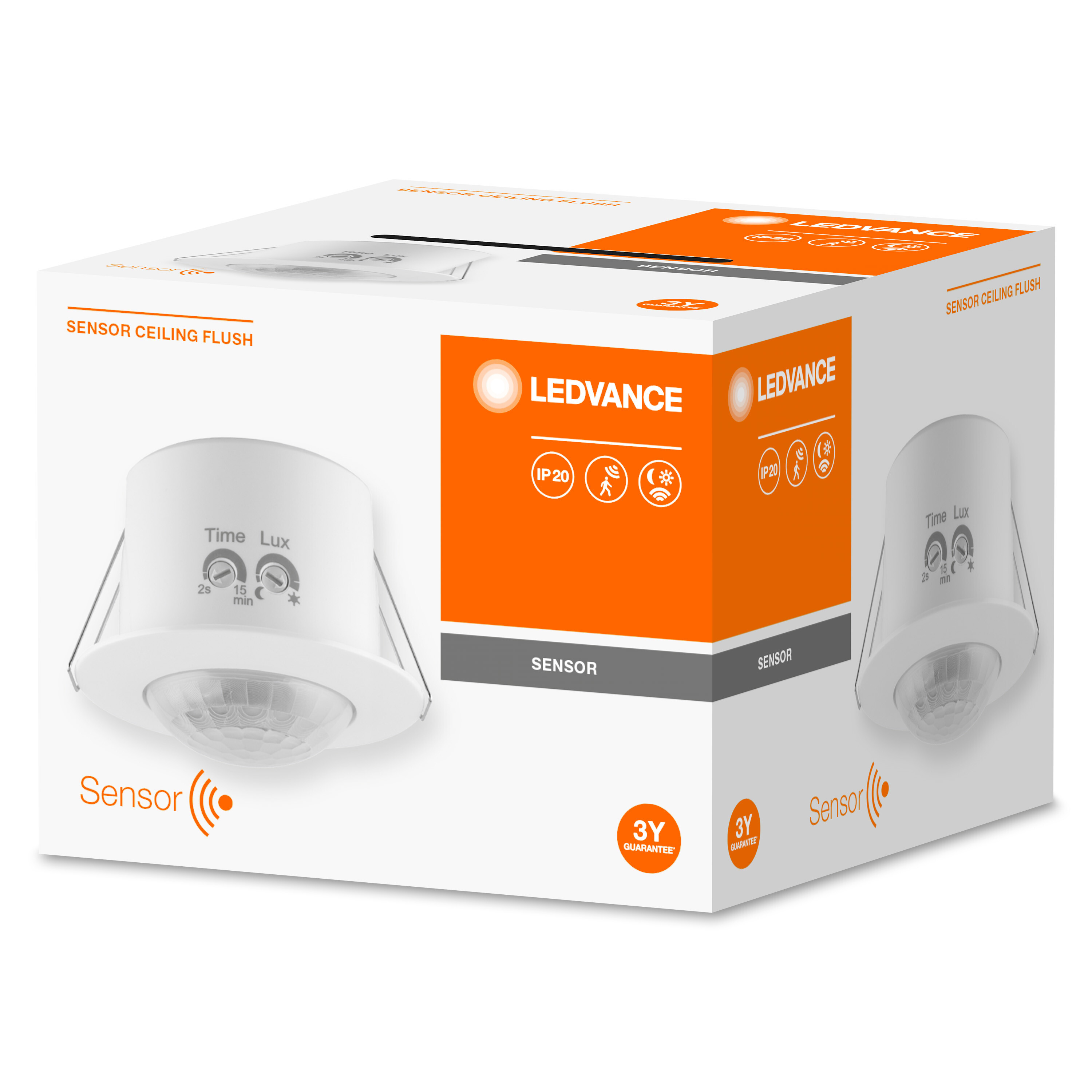 Weißer LEDVANCE Sensor, auf einer weiß-orangen Box mit Text und Logos vor weißem Hintergrund.