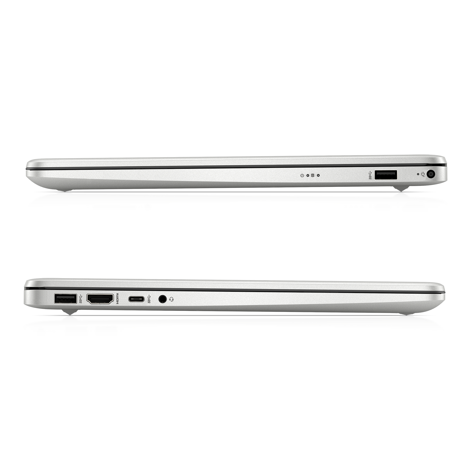 Zwei Seitenansichten eines silbernen Laptops. Anschlüsse an den Seiten. Weißer Hintergrund.