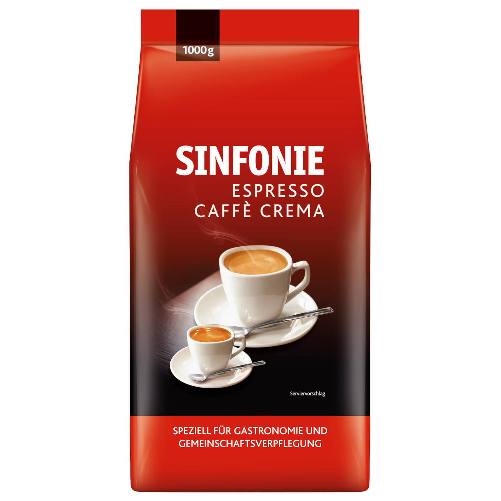 Eine rote Tüte Sinfonie Espresso Caffe Crema Kaffee, mit zwei Tassen und Untertassen.