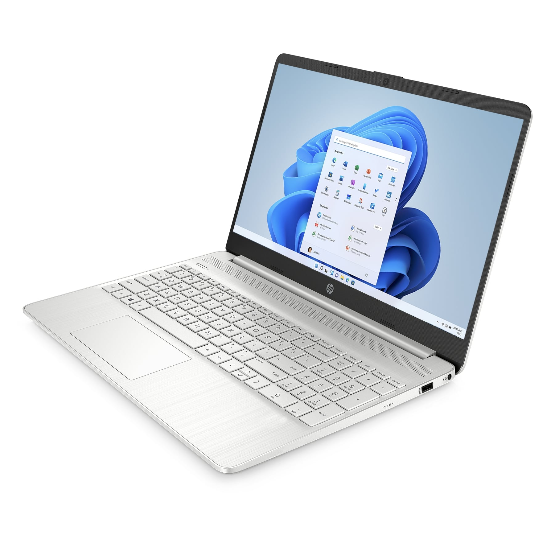 Ein silberner Laptop mit geöffneter weißer Tastatur, der das Windows 11 Startmenü anzeigt.
