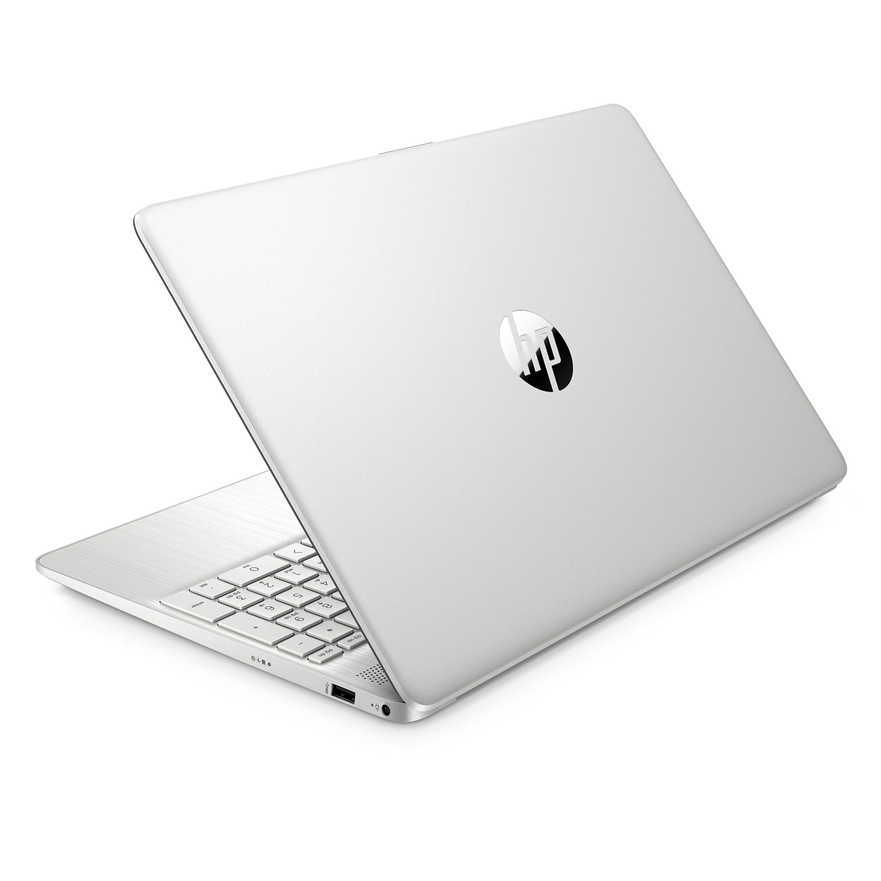 Ein geöffneter silberner Laptop mit dem HP-Logo auf dem oberen Deckel, der die Tastatur zeigt.