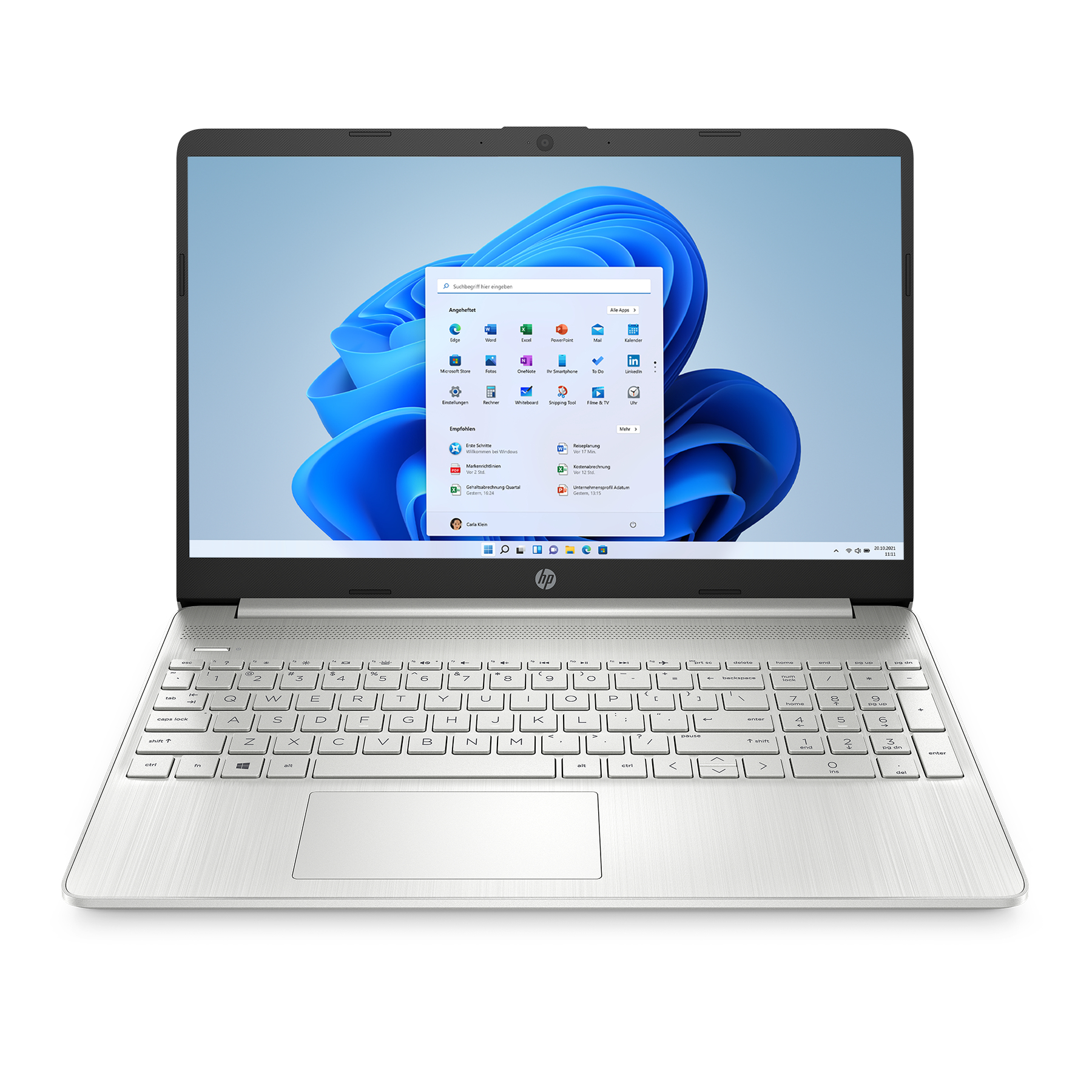 Laptop offen, zeigt Windows-Oberfläche. Silbernes Gehäuse, schwarzer Rahmen, weißer Hintergrund.