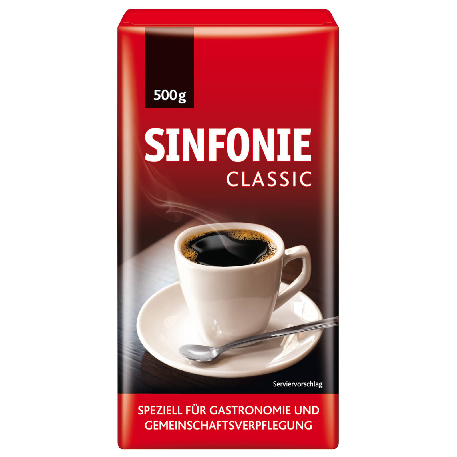 Rote Kaffeeverpackung mit weißer Tasse mit Kaffee, Untertasse und Löffel.