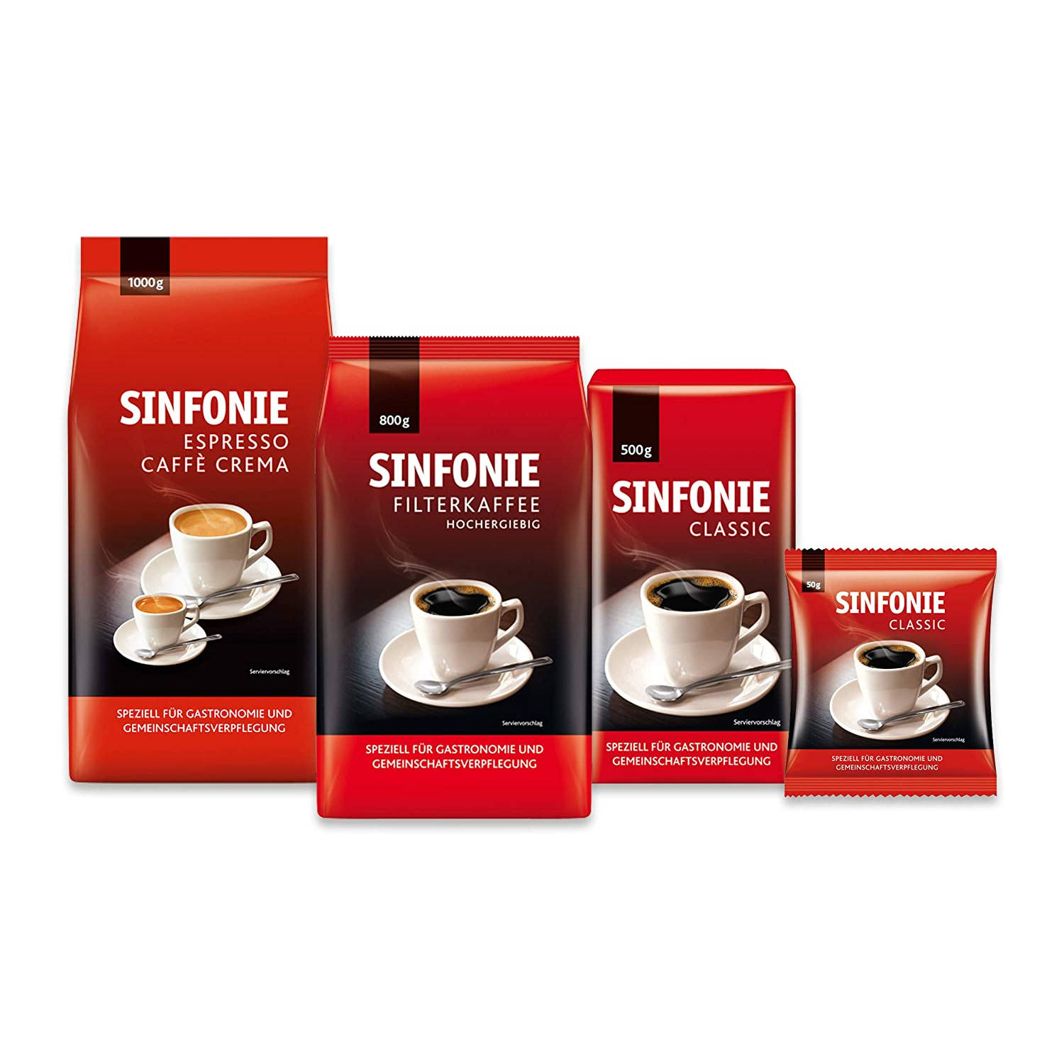 Quattro confezioni di caffè Sinfonie, varie dimensioni, con opzioni espresso e filtro.