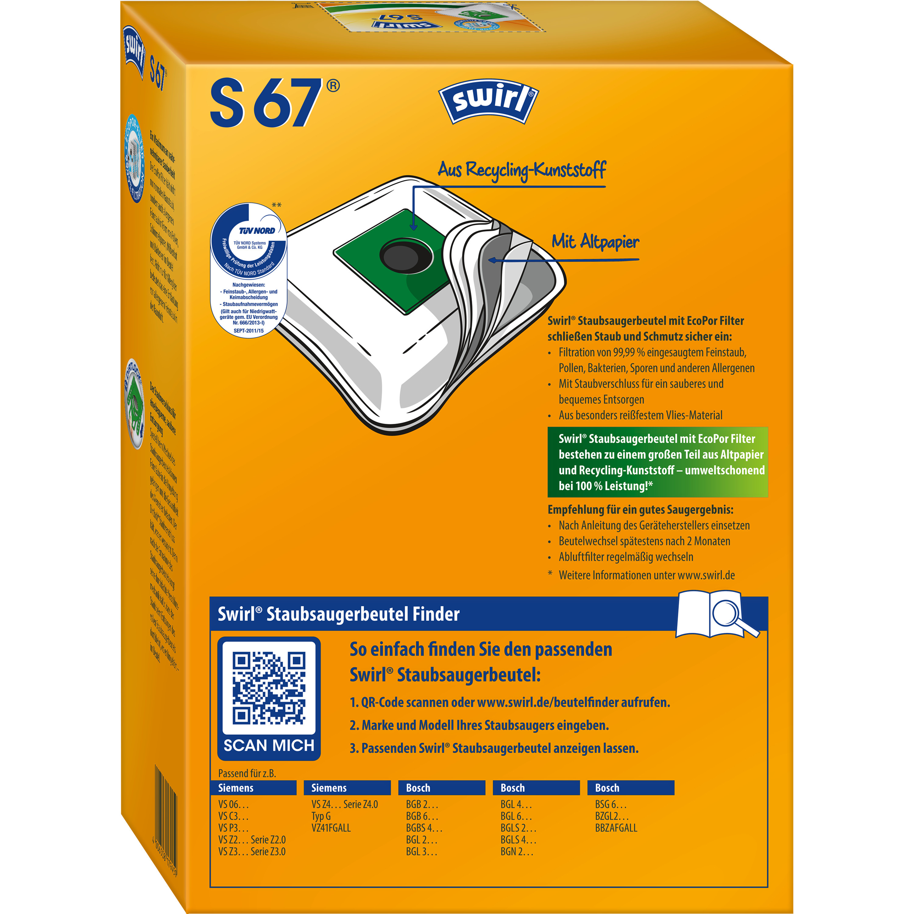 Gelb-oranger Swirl Staubsaugerbeutel-Karton. Enthält QR-Code und Produktinformationen.
