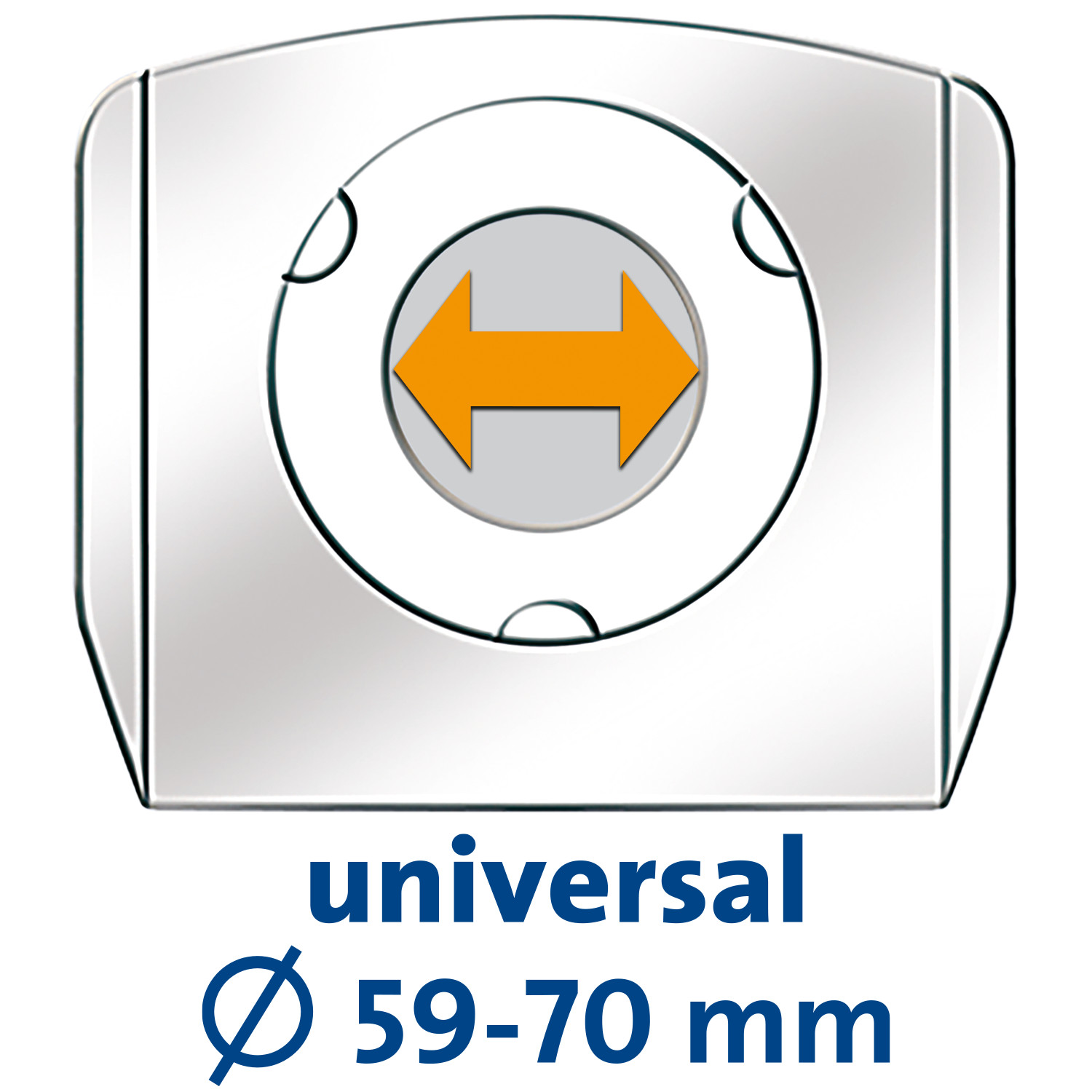 Metallisches Objekt mit einem zentralen orangefarbenen Pfeil. Text: "universal" und "Ø 59-70 mm".