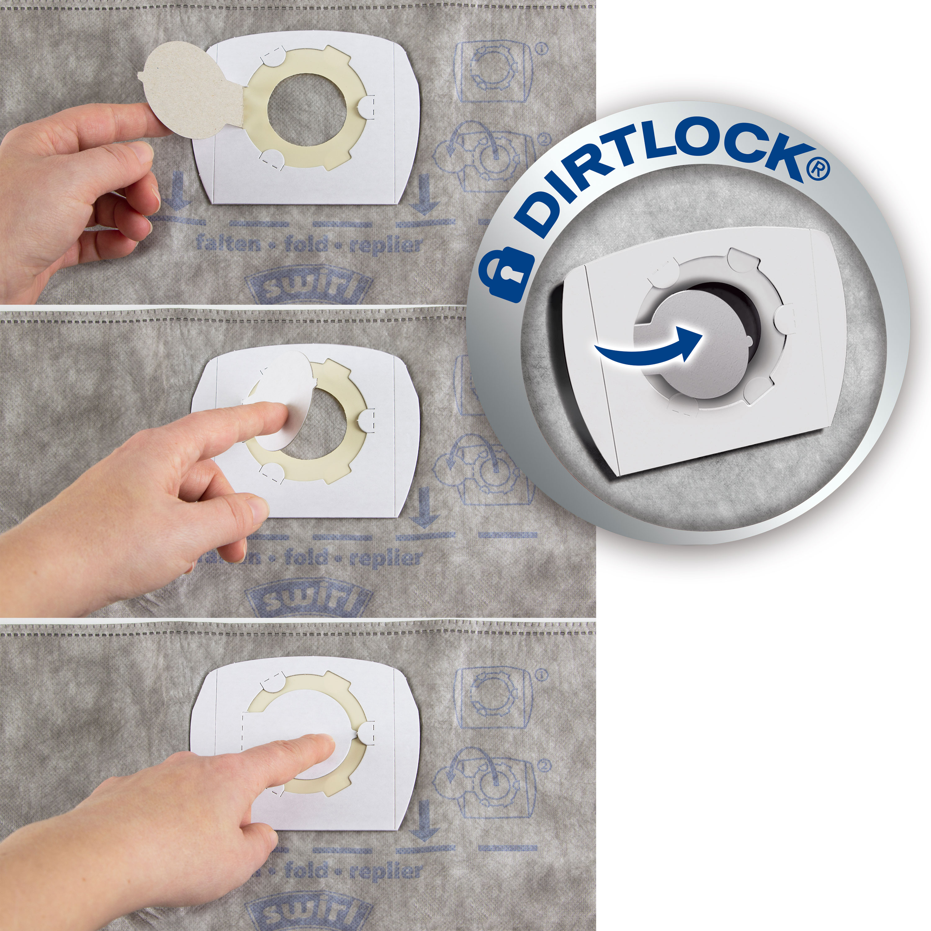 Hände legen einen neuen Staubsaugerbeutel in einen Halter ein, Dirtlock-Logo sichtbar.