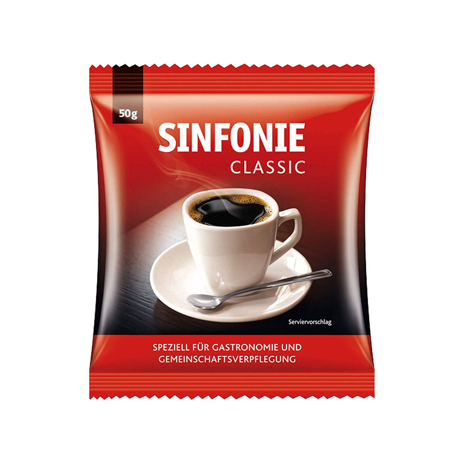 Una confezione di caffè rossa con una tazza di caffè e un cucchiaio.