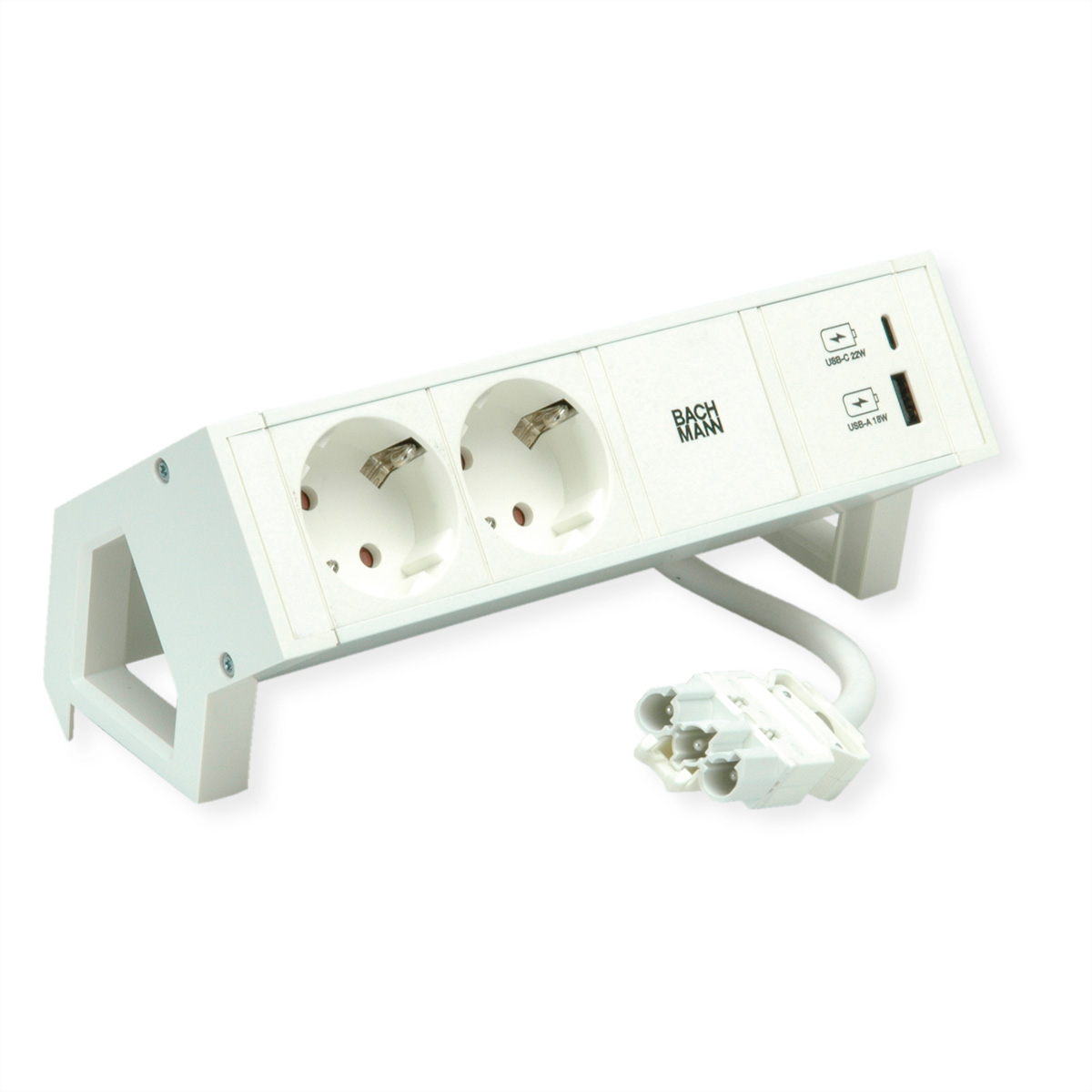 Eine weiße Steckdosenleiste mit zwei Steckdosen und USB-Anschlüssen. Der Hintergrund ist weiß.