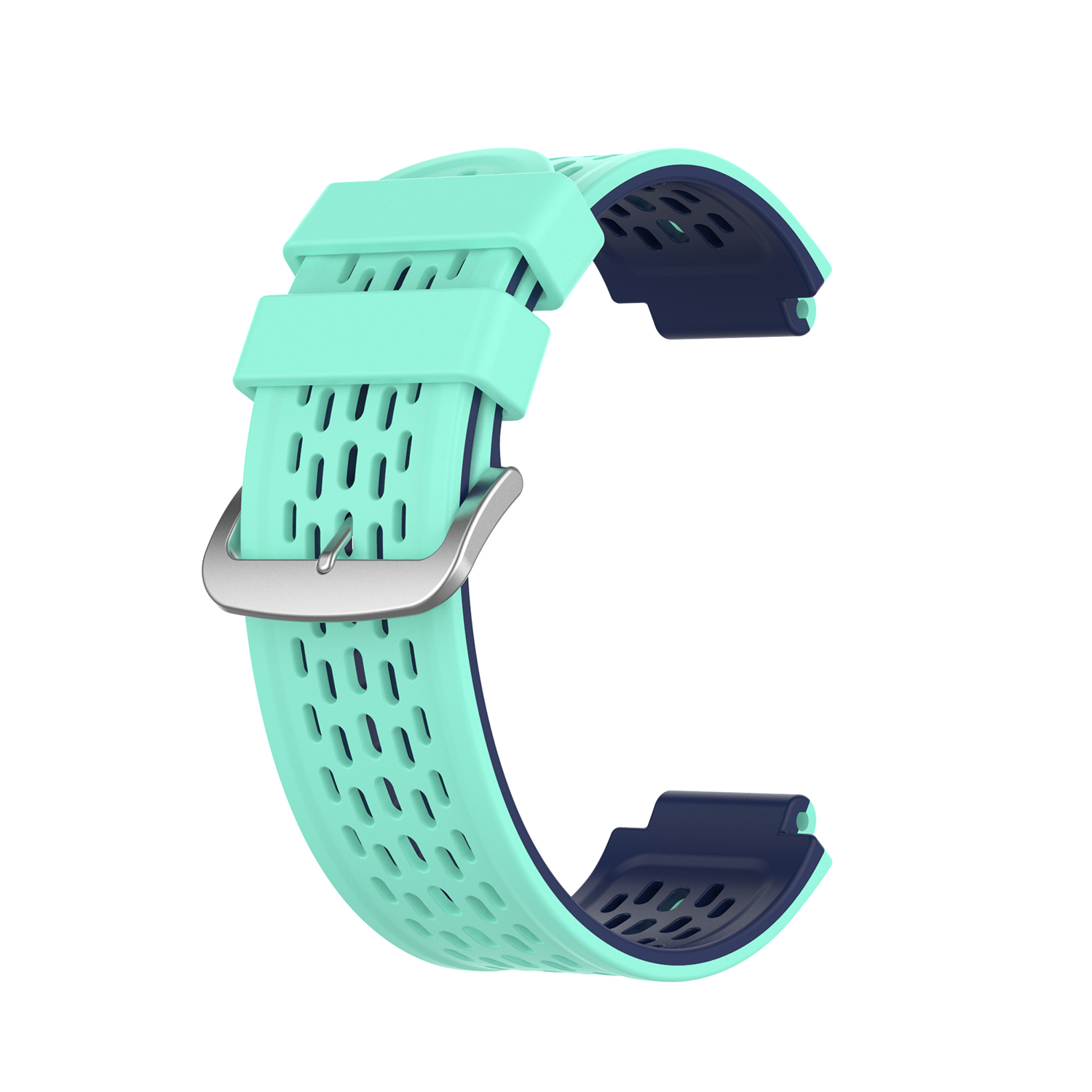 Ein Armband. Es ist zweifarbig, mintgrün und marineblau, mit einer silbernen Schnalle.