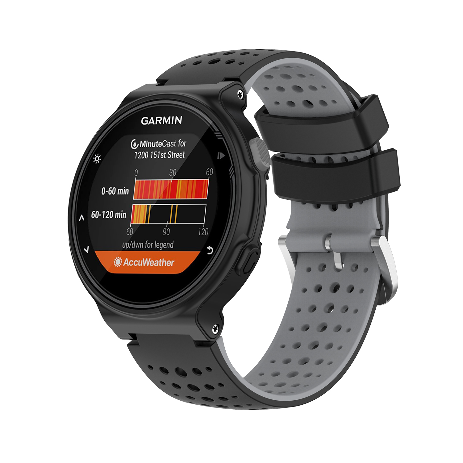 Czarny smartwatch Garmin z szaro-czarnym paskiem. Ekran wyświetla dane treningowe.