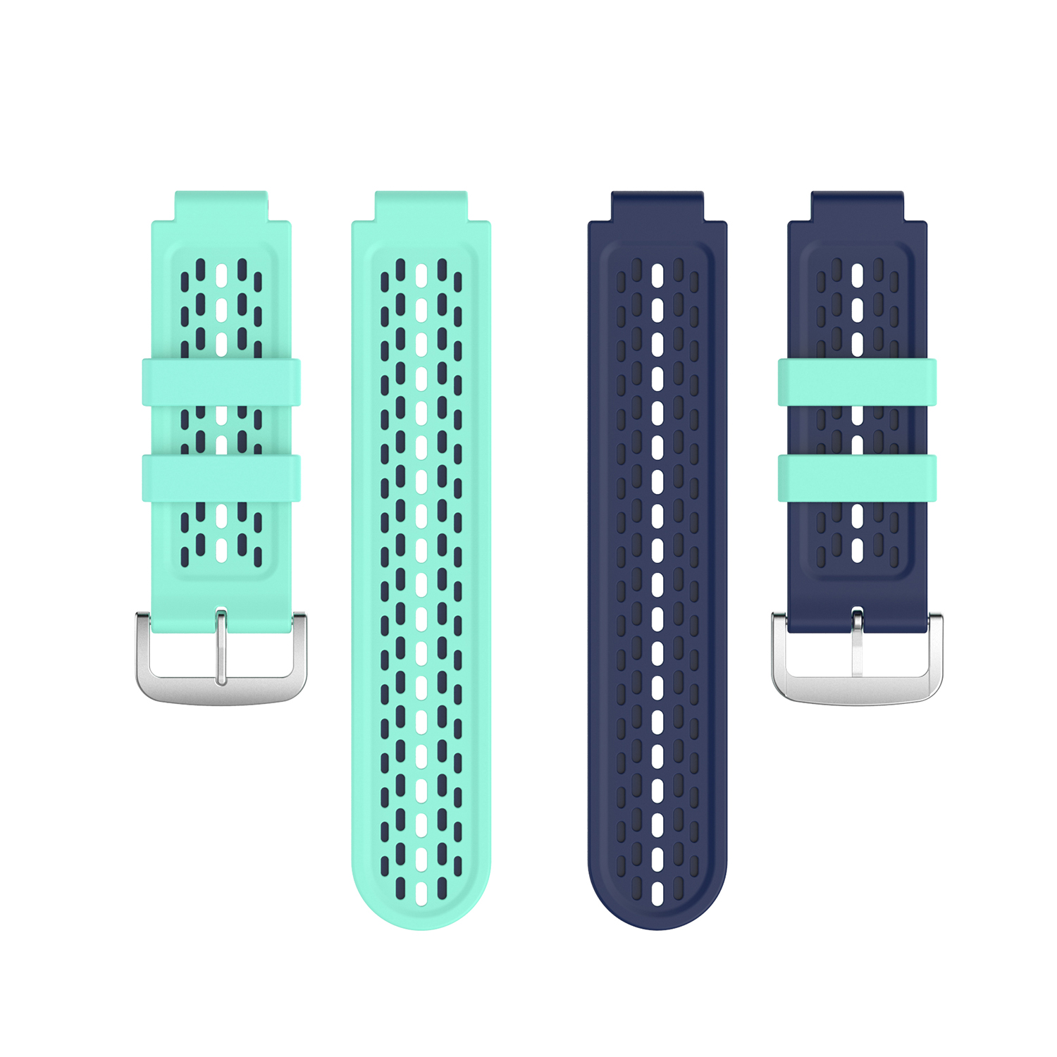 Vier Uhrenarmbänder, zwei türkis und zwei marineblau, mit silbernen Verschlüssen, auf weißer Oberfläche.