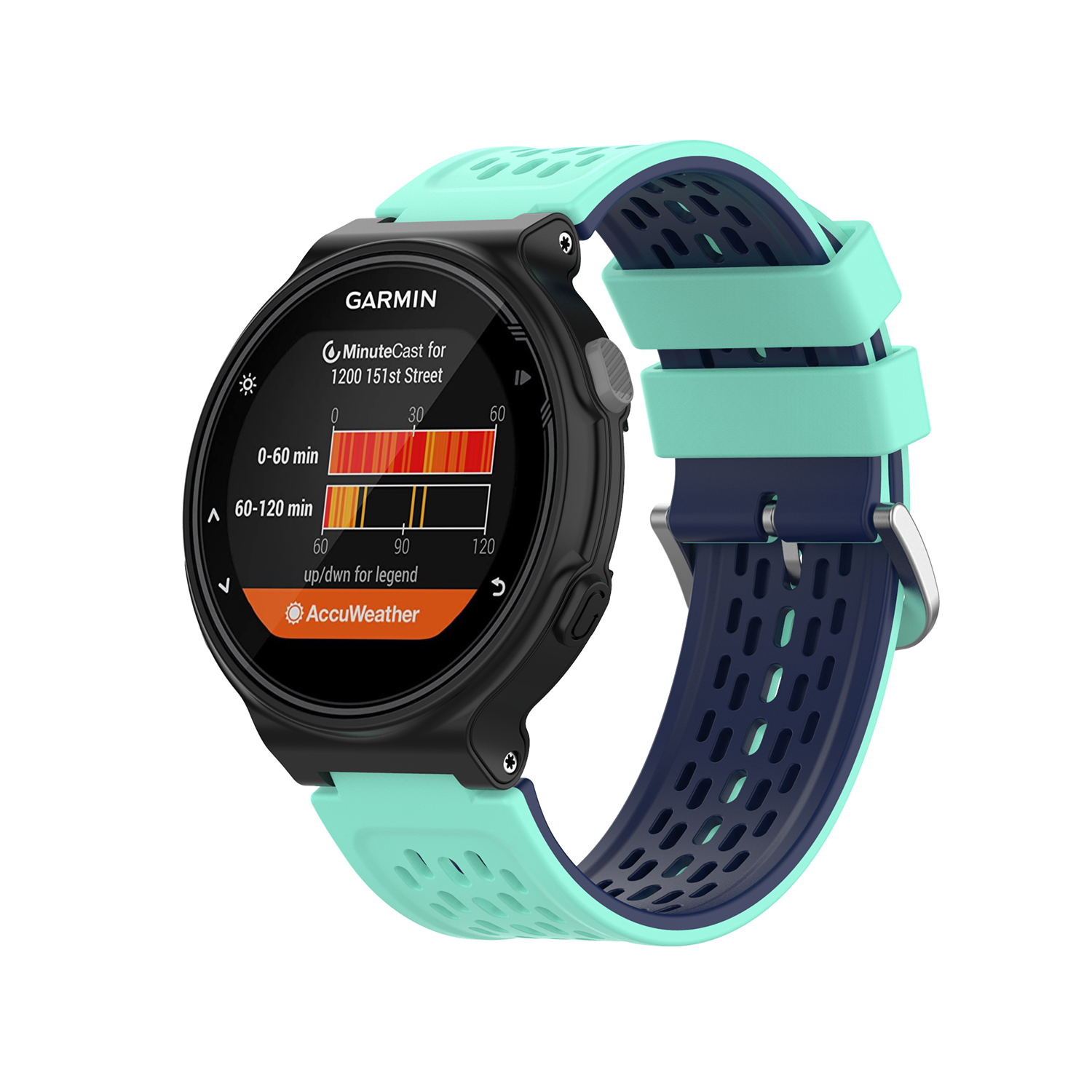 Garmin Smartwatch mit blau-grünem Armband, schwarzes Display.