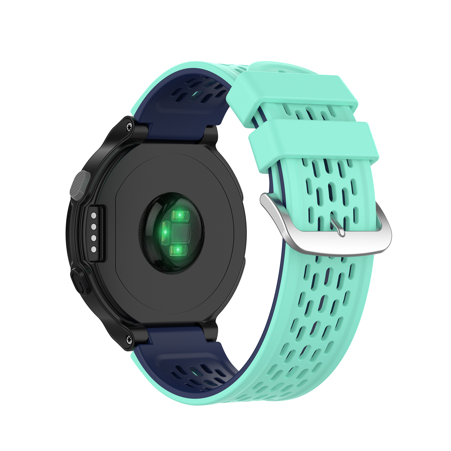 Eine mintgrüne und marineblaue Smartwatch mit schwarzer Rückseite und Herzfrequenzsensor.