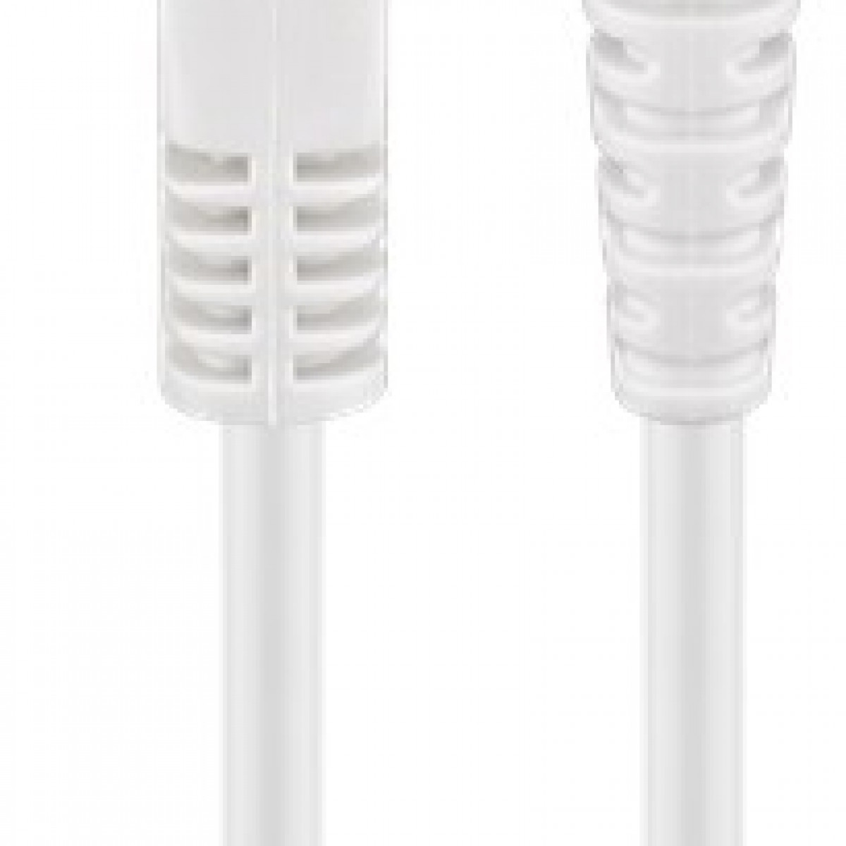 Zwei weiße Kabel mit unterschiedlich strukturierten Enden, vor weißem Hintergrund.