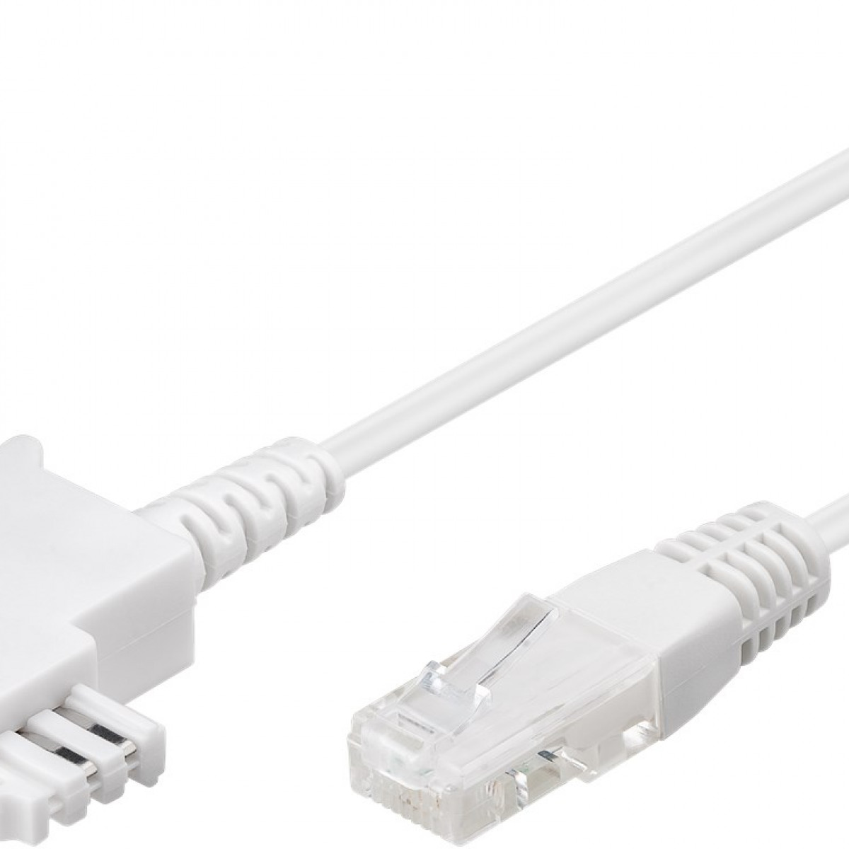 Nahaufnahme eines weißen Ethernet-Kabels mit Stecker an einem Ende, weißer Hintergrund.
