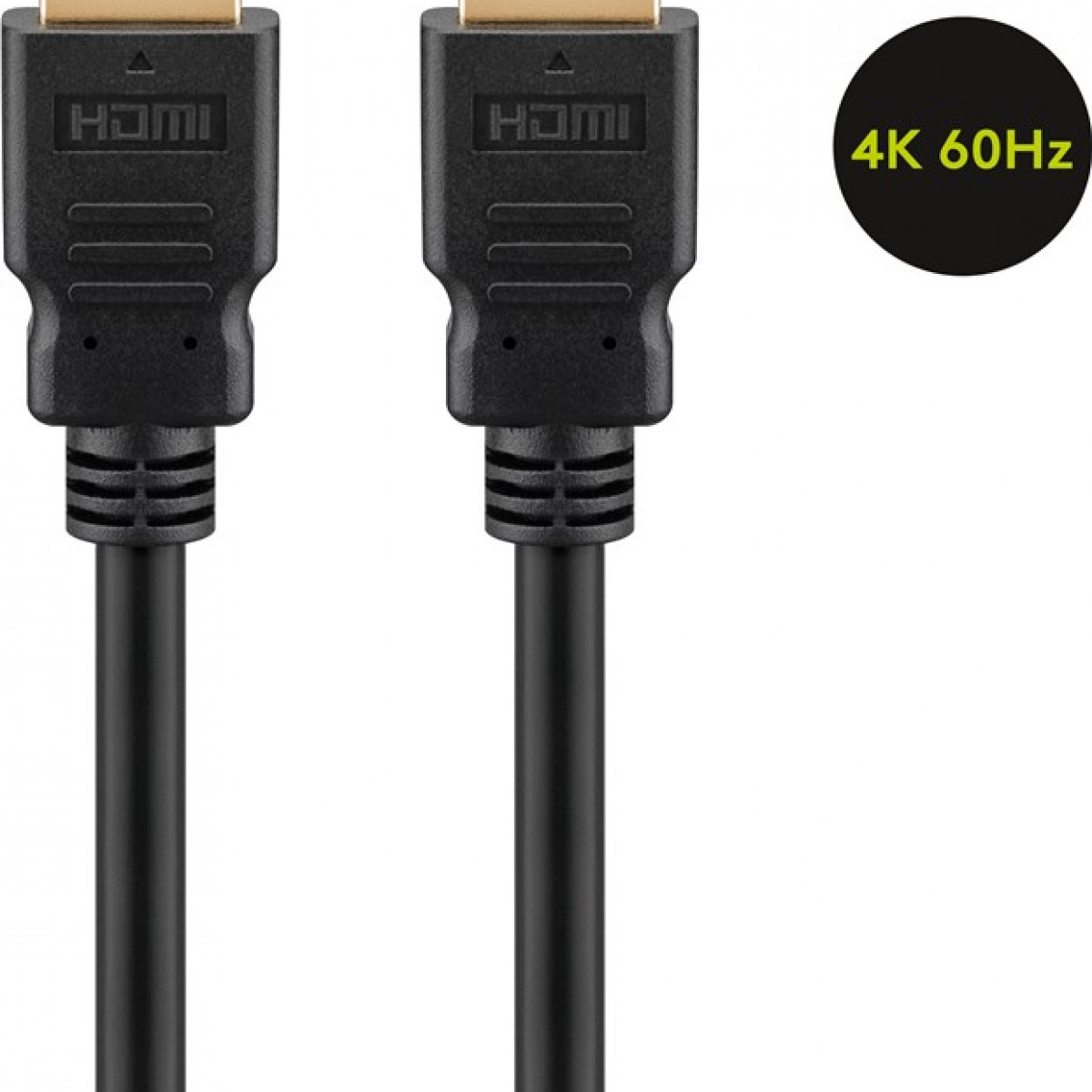 Zwei schwarze HDMI-Kabel mit goldenen Steckern. Rechts ein schwarzes 4K 60Hz-Logo.