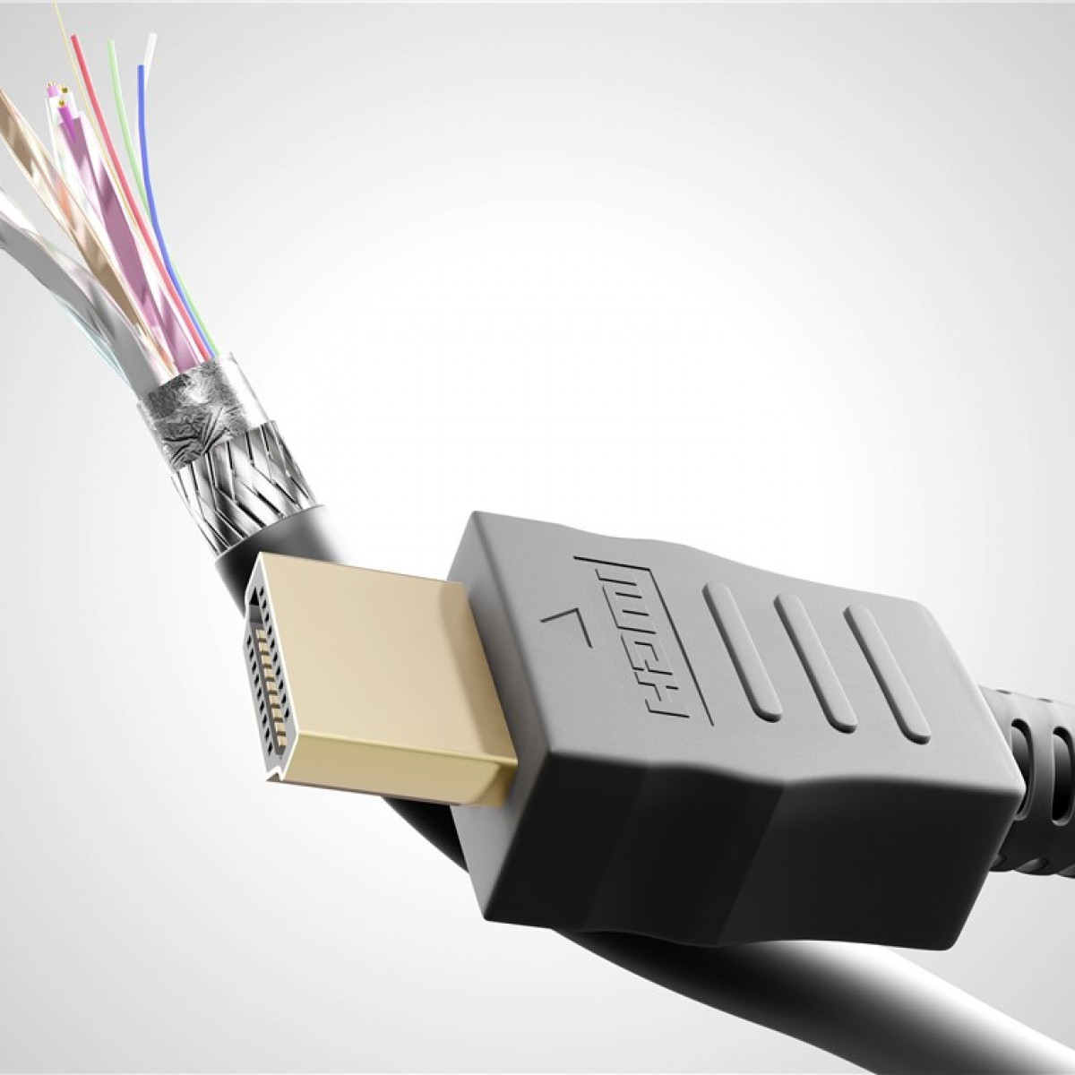 HDMI-Kabel mit grauem Stecker und freiliegenden farbigen Drähten.