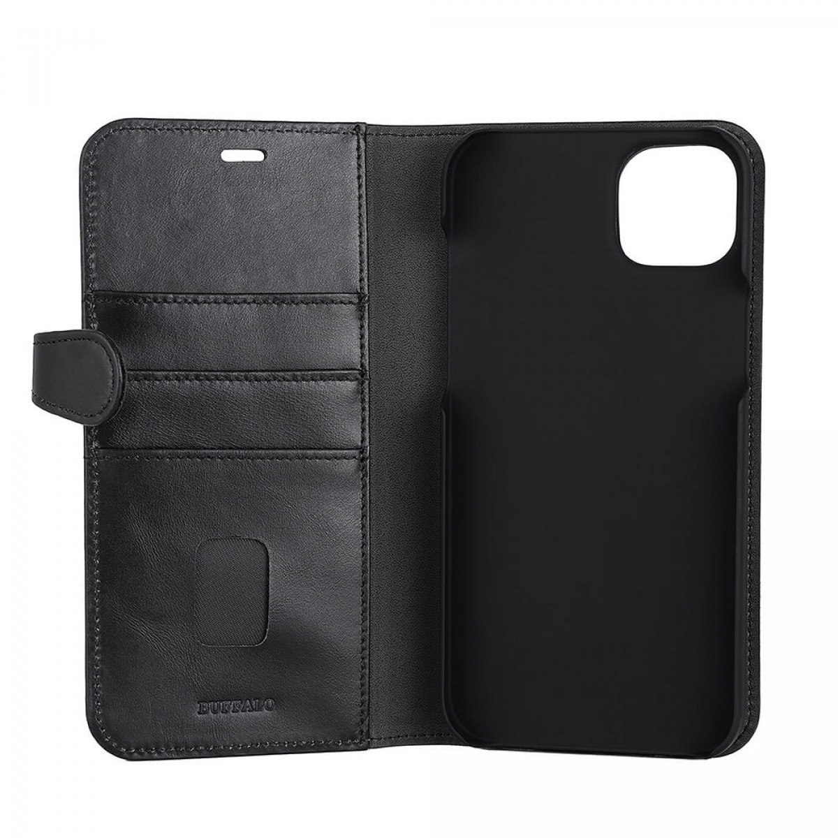Schwarze Leder-Handyhülle, offen, mit Kartenfächern und Telefonhalter.