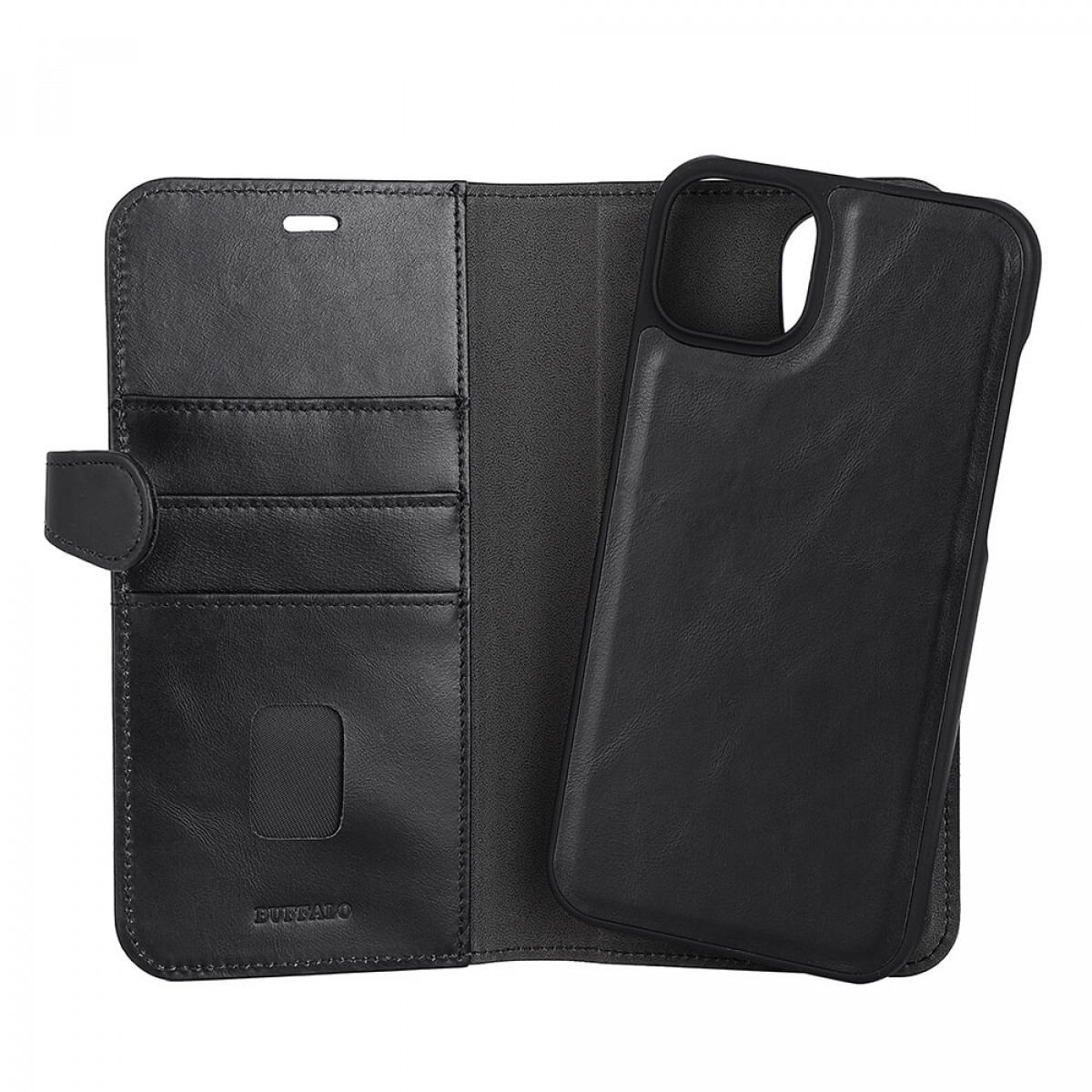 Eine schwarze Leder-Handyhülle in geöffneter Position, die Kartenfächer und den Handyhalter zeigt.
